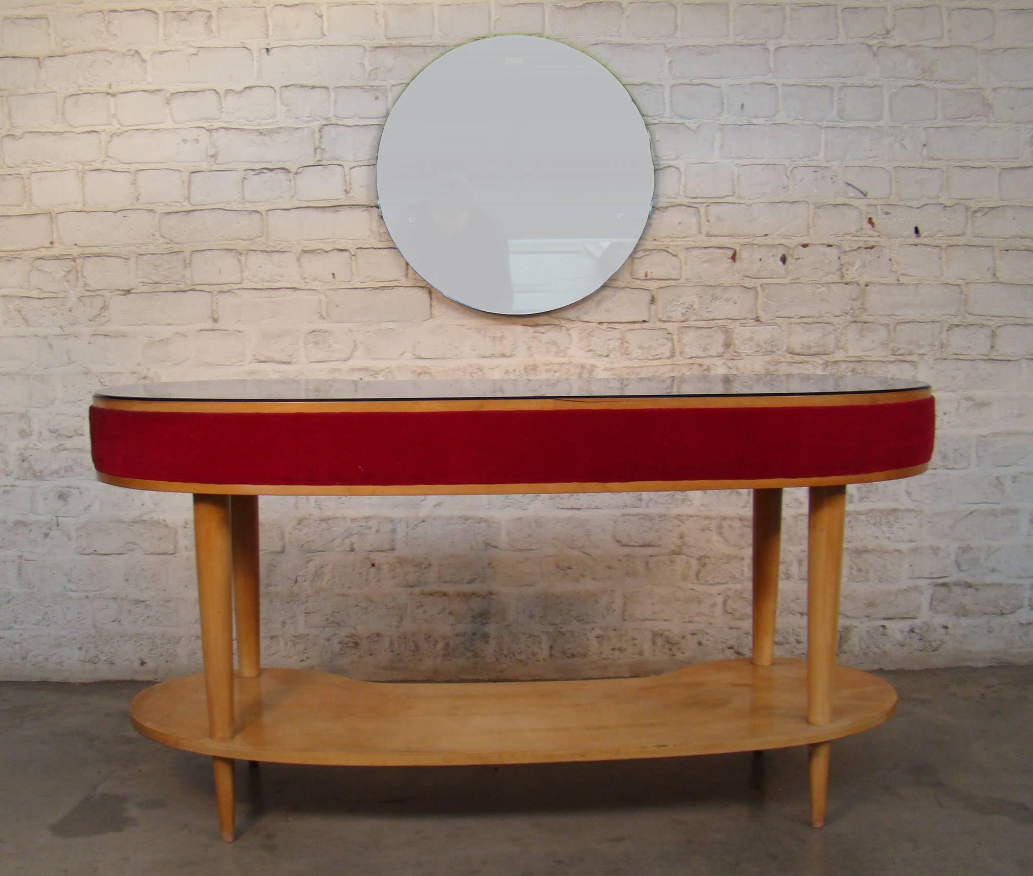 Mid-20th Century Dressing Table and Its Stool in Veneer Cherrywood and Blue-Toned Glass, Italy For Sale