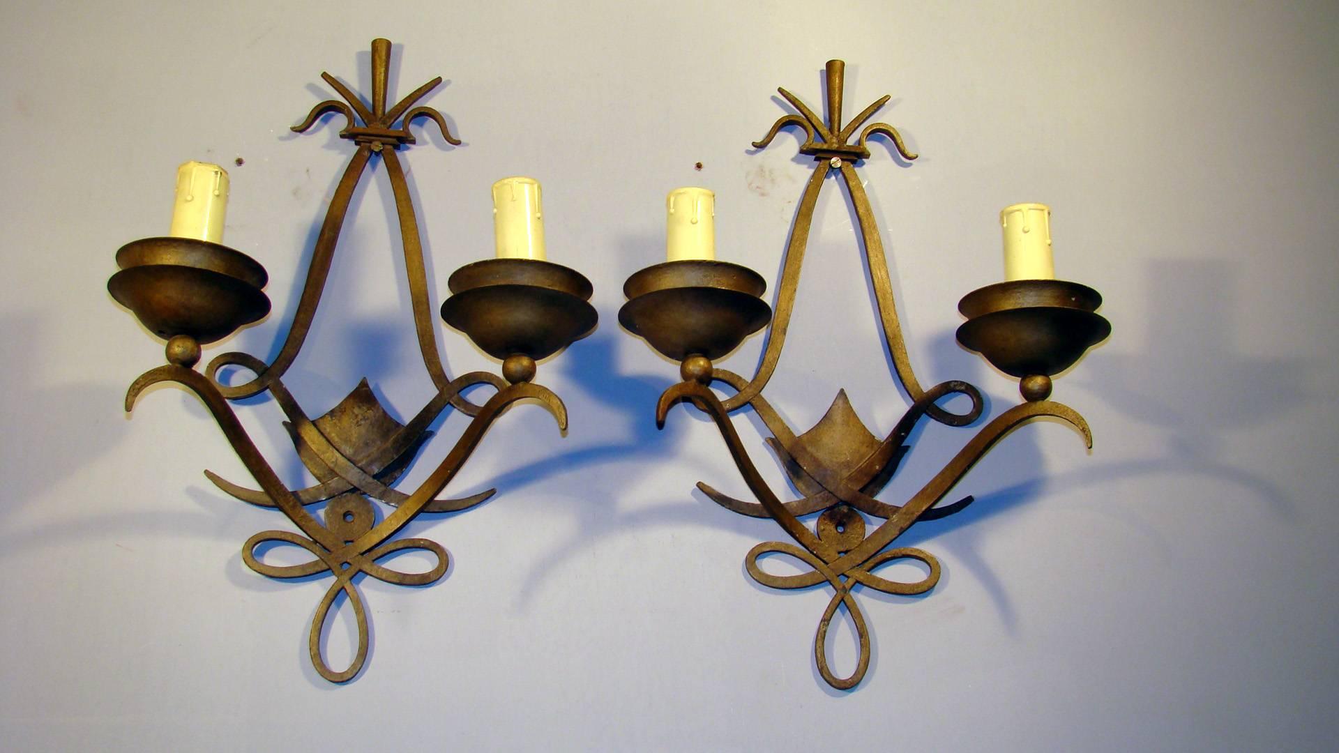 Wrought Iron Pair of Art Deco Poillerat Style Wall Sconces, French, 1940s