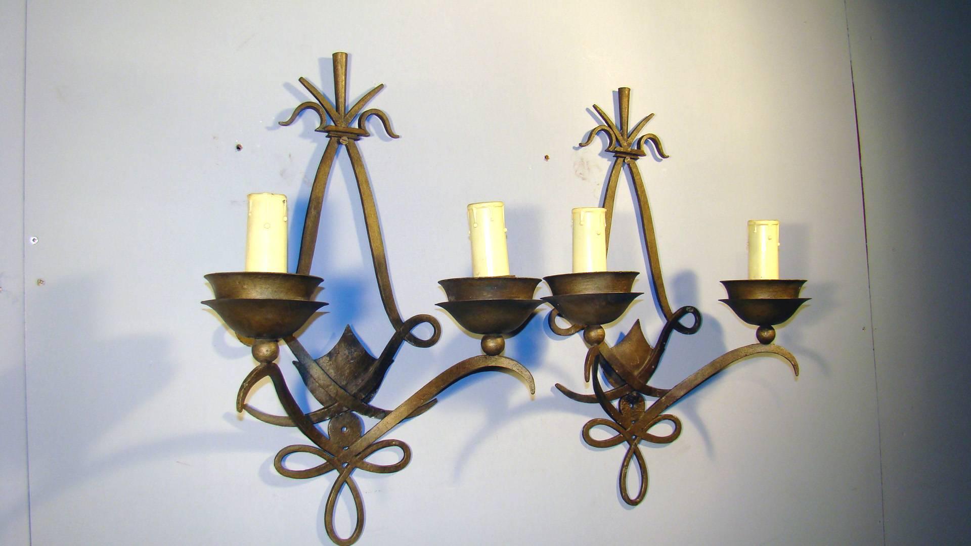 Pair of Art Deco Poillerat Style Wall Sconces, French, 1940s 1