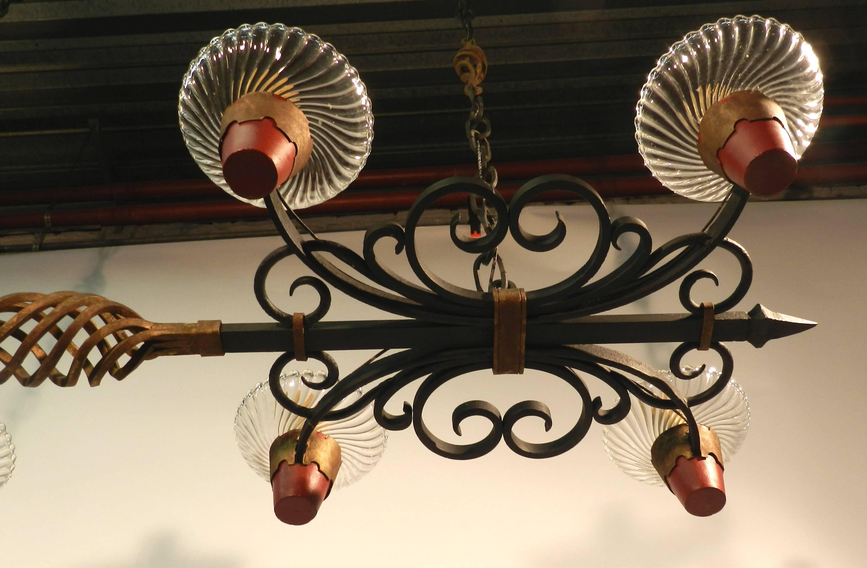 Michel Zadounaïsky, very large Art Deco lustre, in wrought iron, lacquered metal and Baccarat crystal, circa 1930.
    