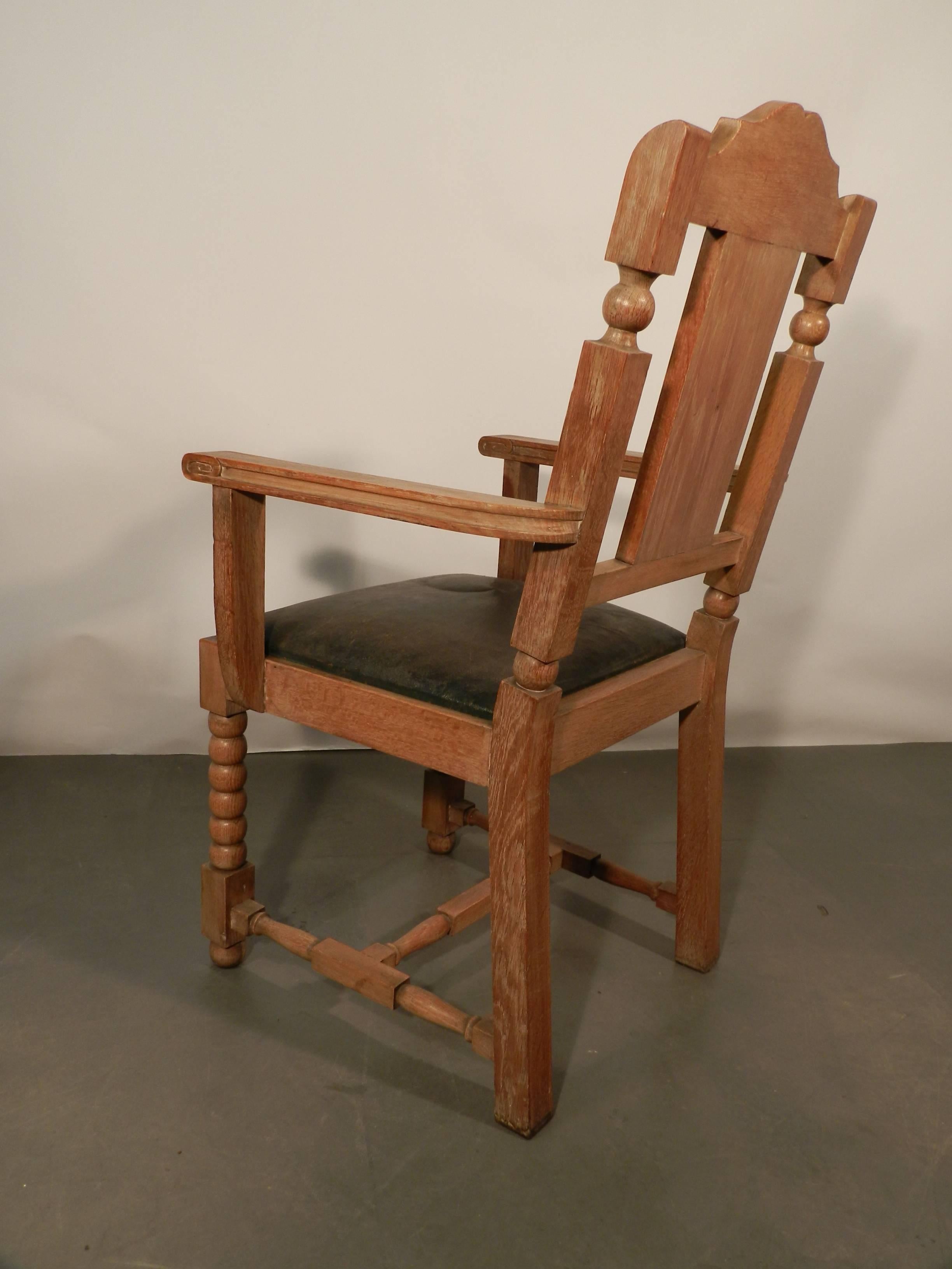 Leather In the Style of Charles Dudouyt, two  Neo Rustique Oak Armchairs For Sale