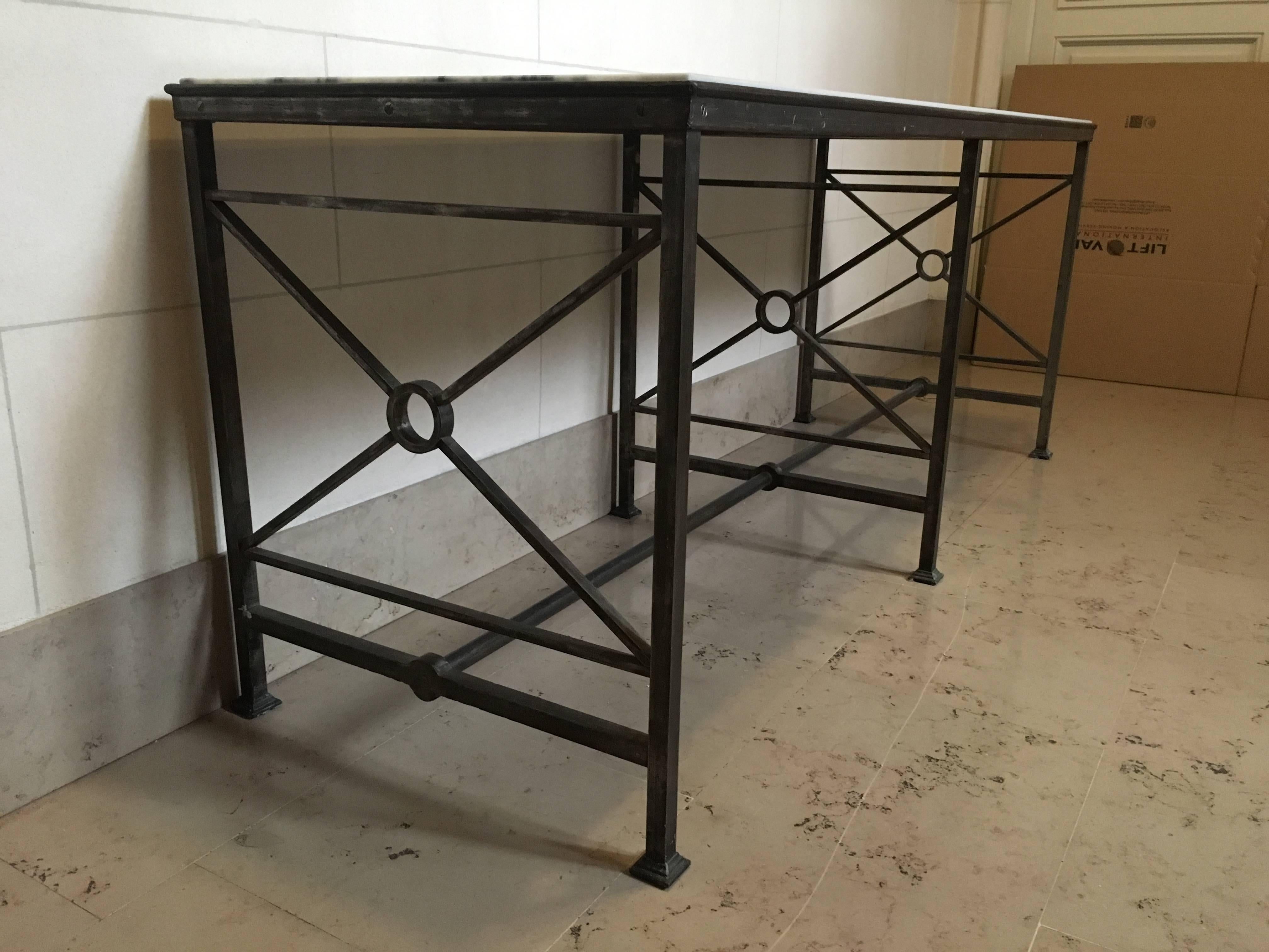 Hand-Crafted French Steel and Marble Top Console For Sale
