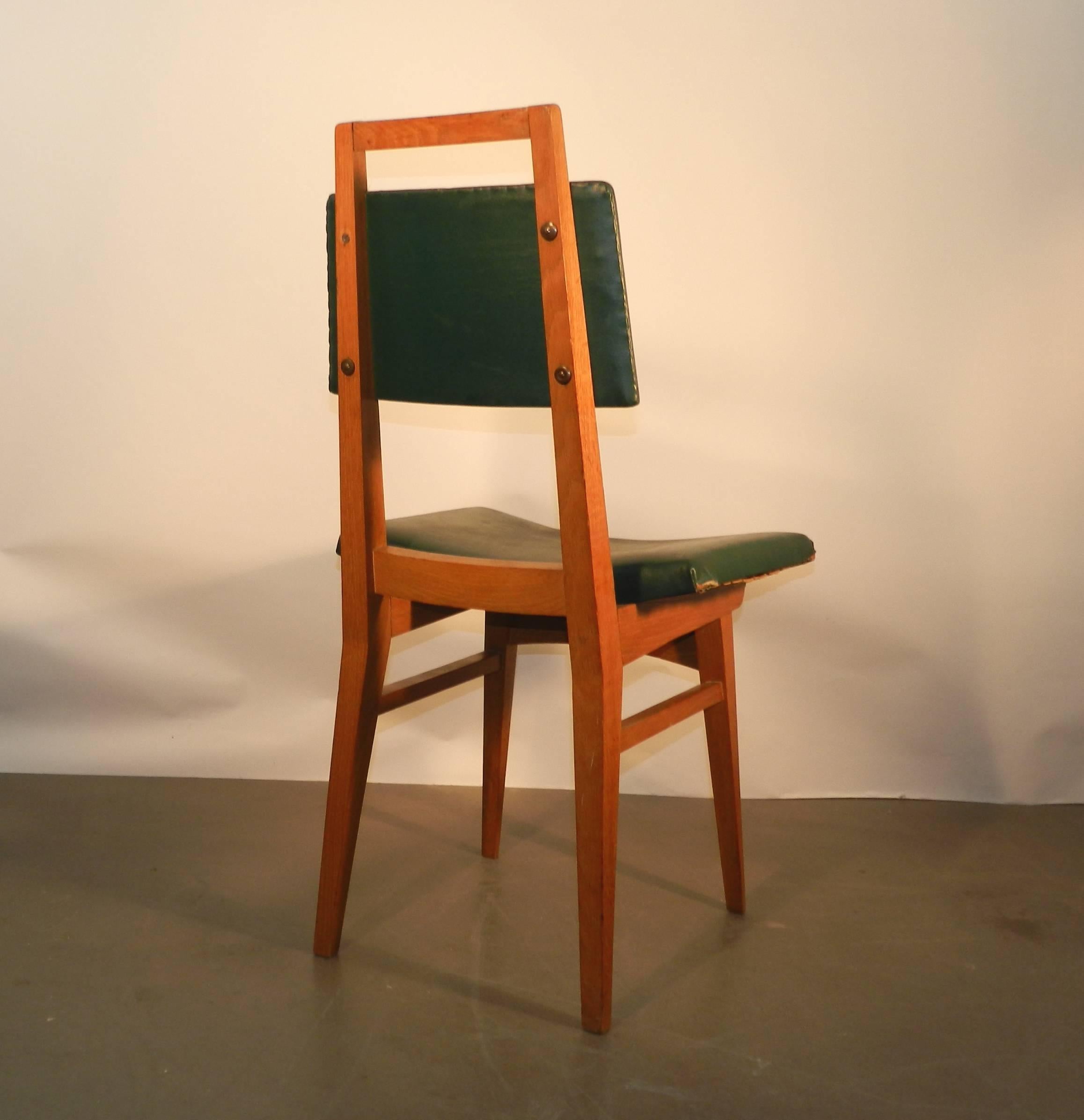 Mid-Century Modern French Work circa 1950-1960, Set of Six Tinted Beech Chairs For Sale