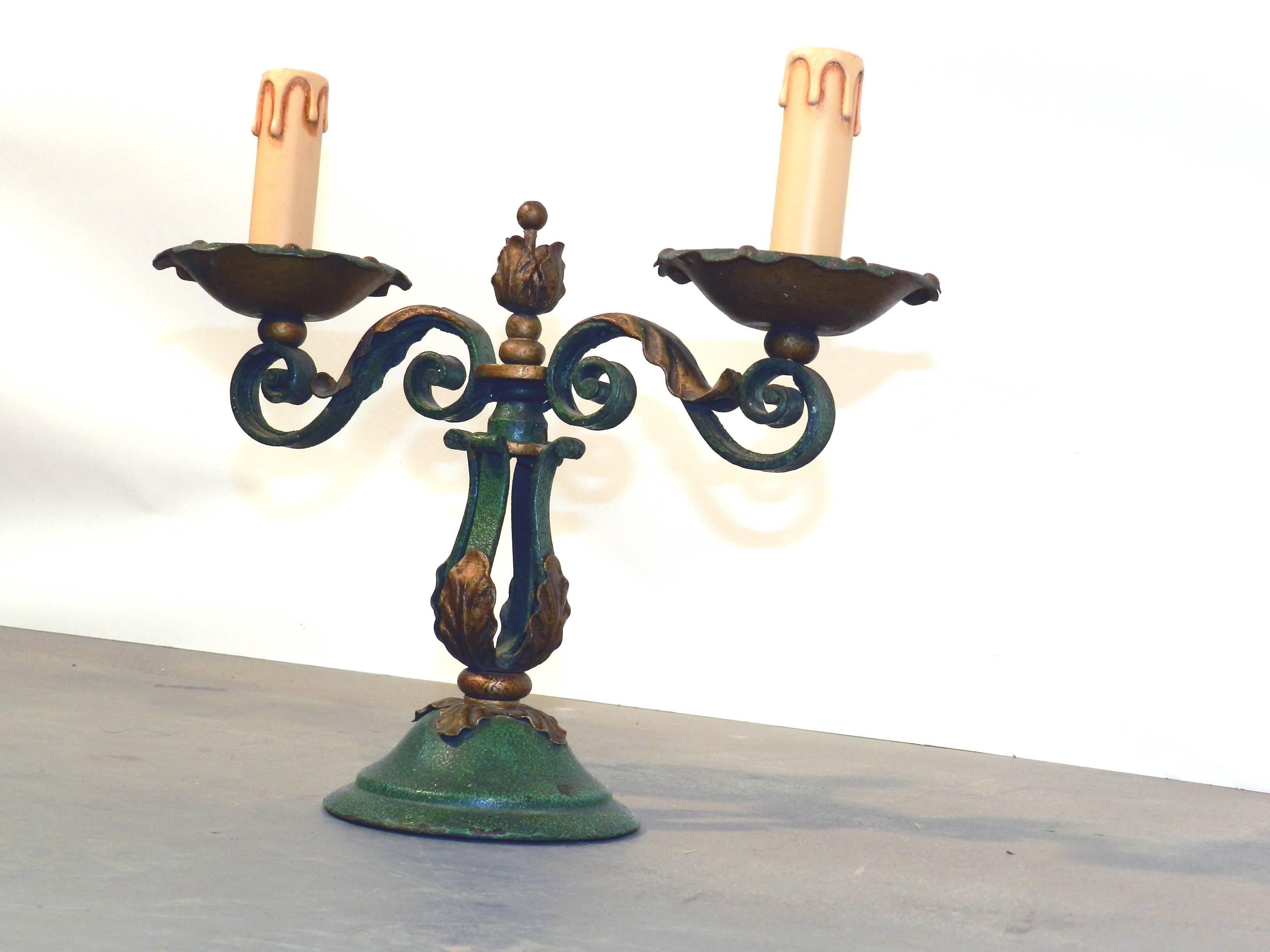 Pair of Art Deco wrought iron table lamps, circa 1940.