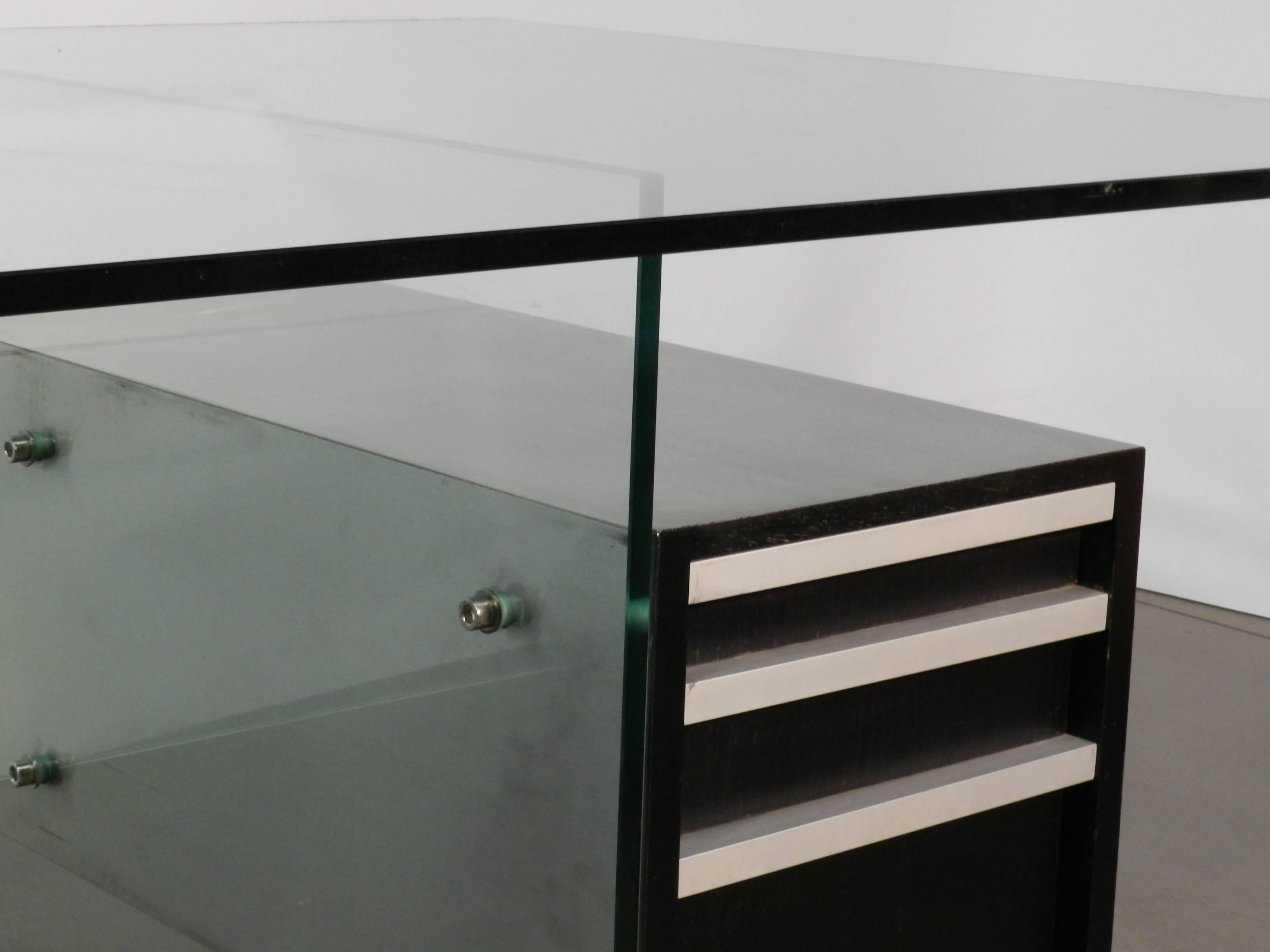 Mid-Century Modern Bureau «tral » en acier inoxydable, bois et verre de Xavier Marbeau des années 1970 en vente