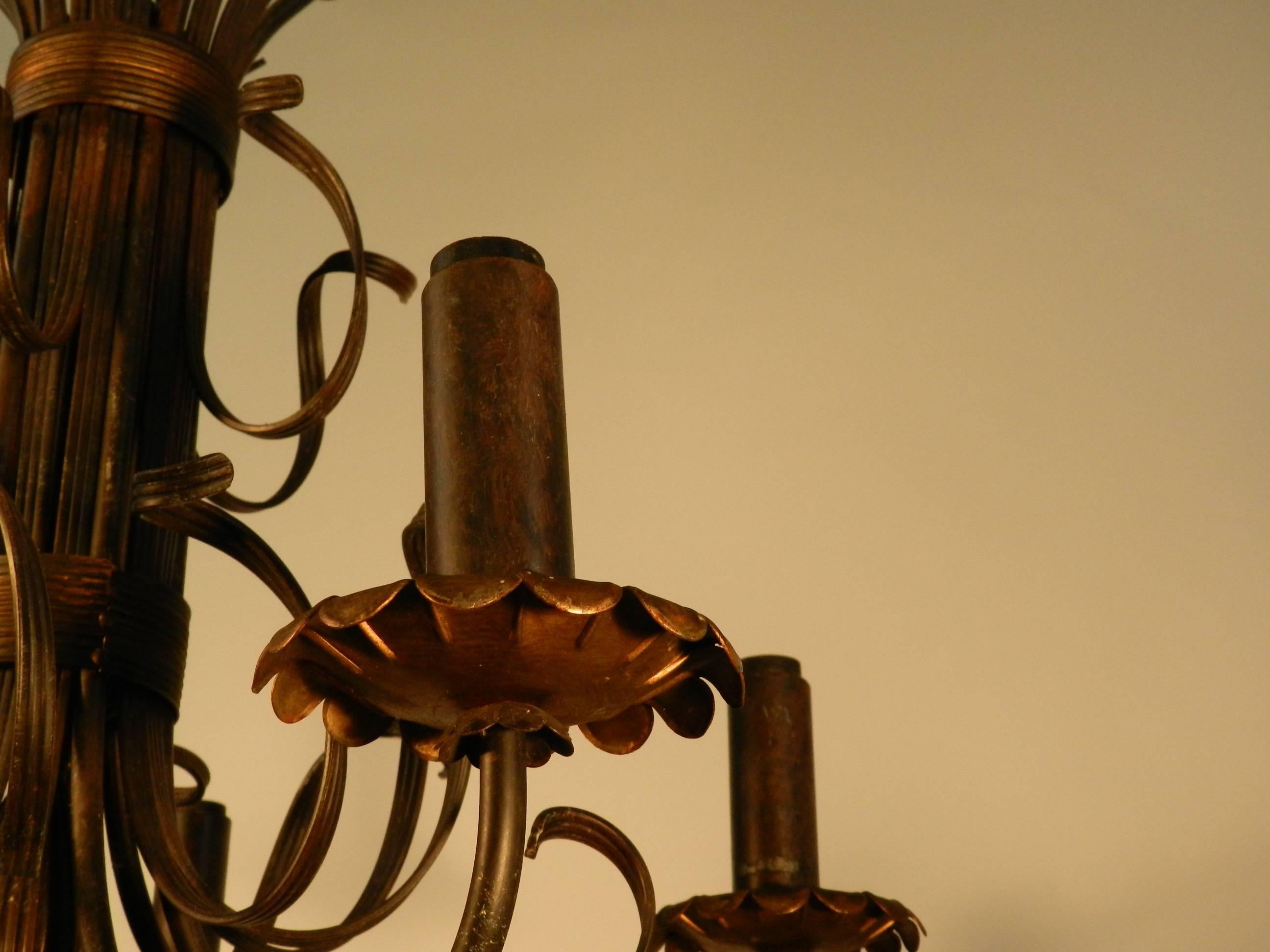 20th Century 1950, Italian  Work, Lacquered Wrought Iron Chandelier For Sale
