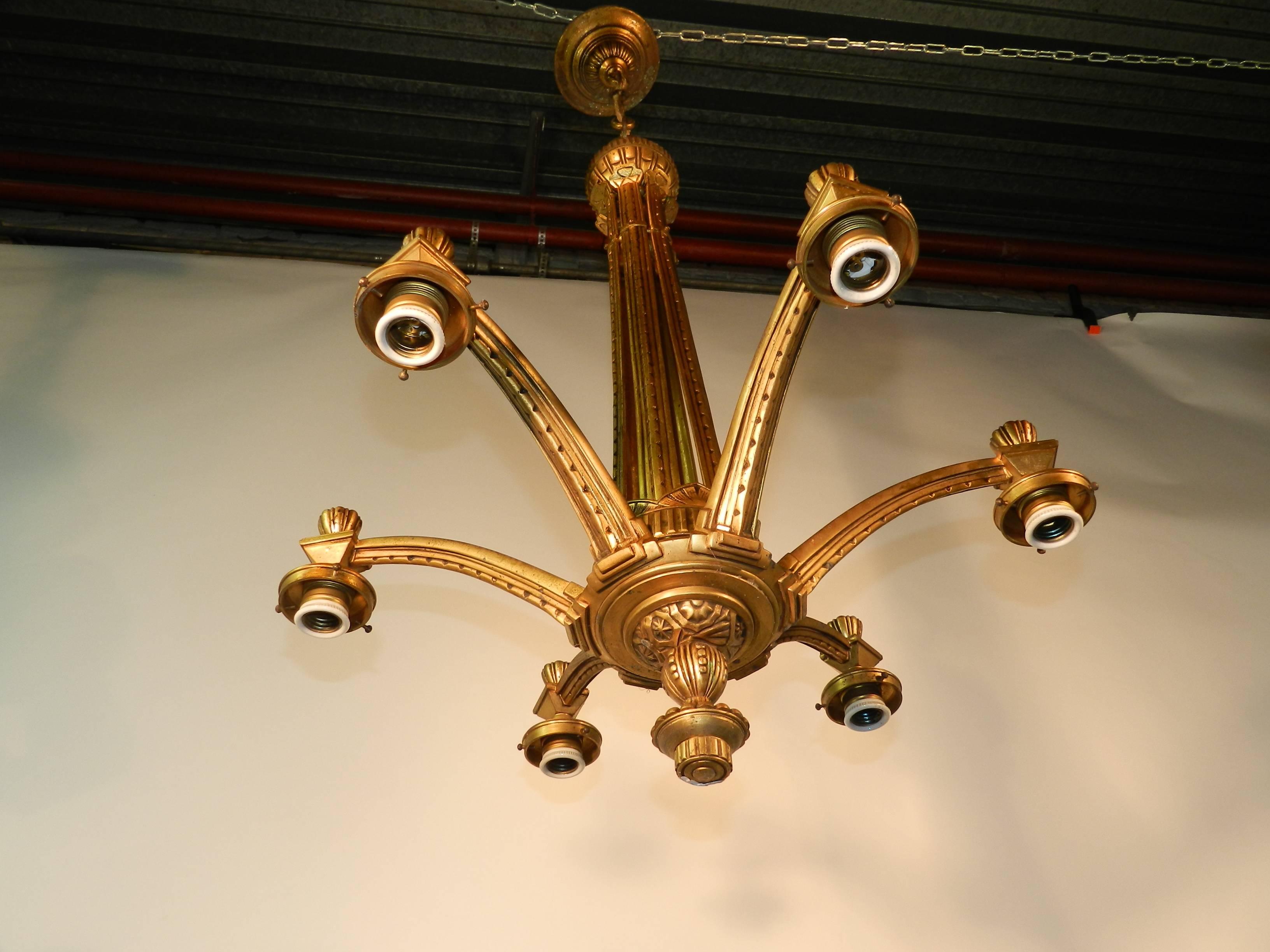 French Art Deco Chandelier in Bronze, circa 1930 For Sale