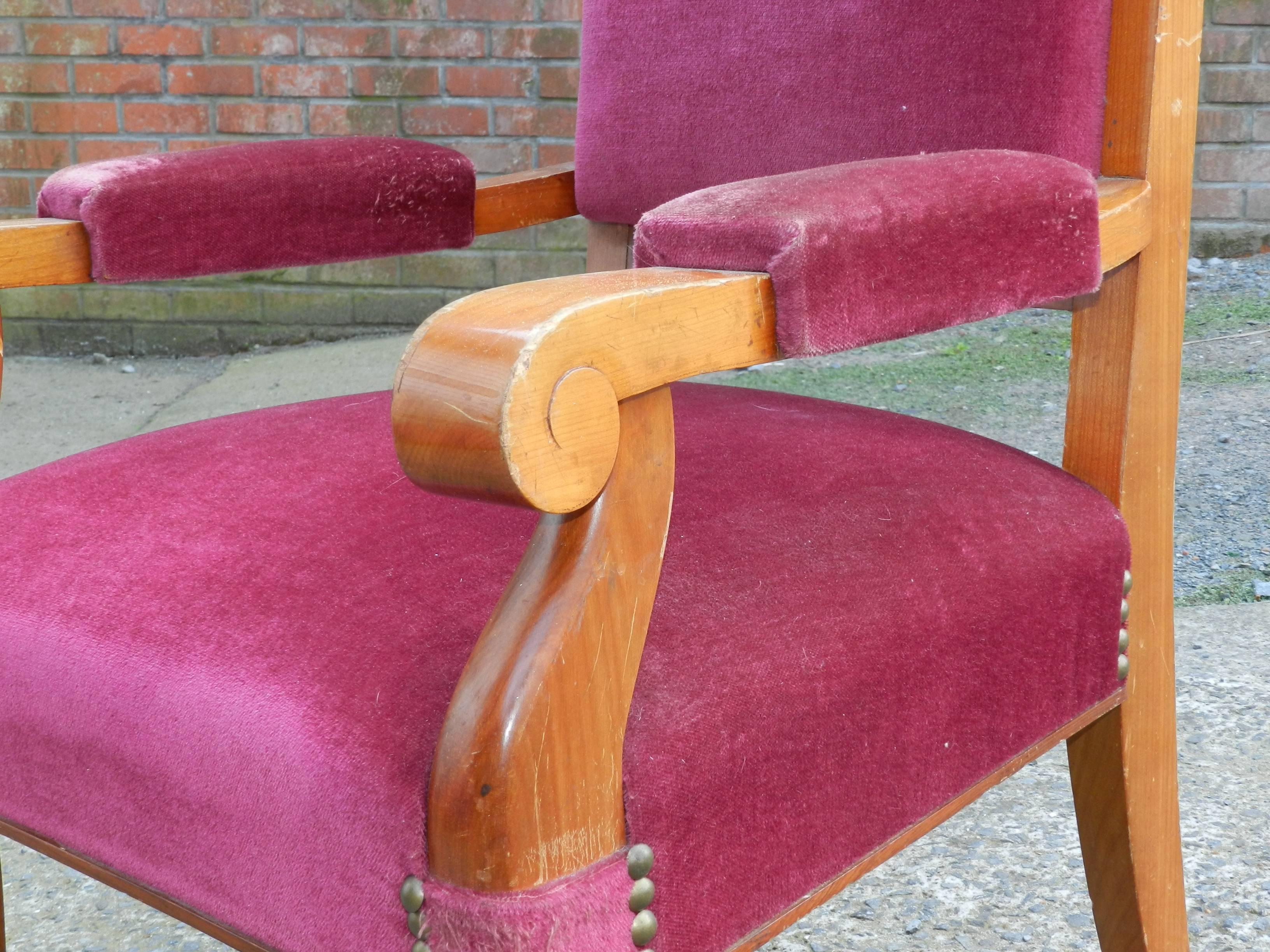 French Set of Five Large Art Deco Armchairs in Cherry in the Style of Andre Arbus For Sale