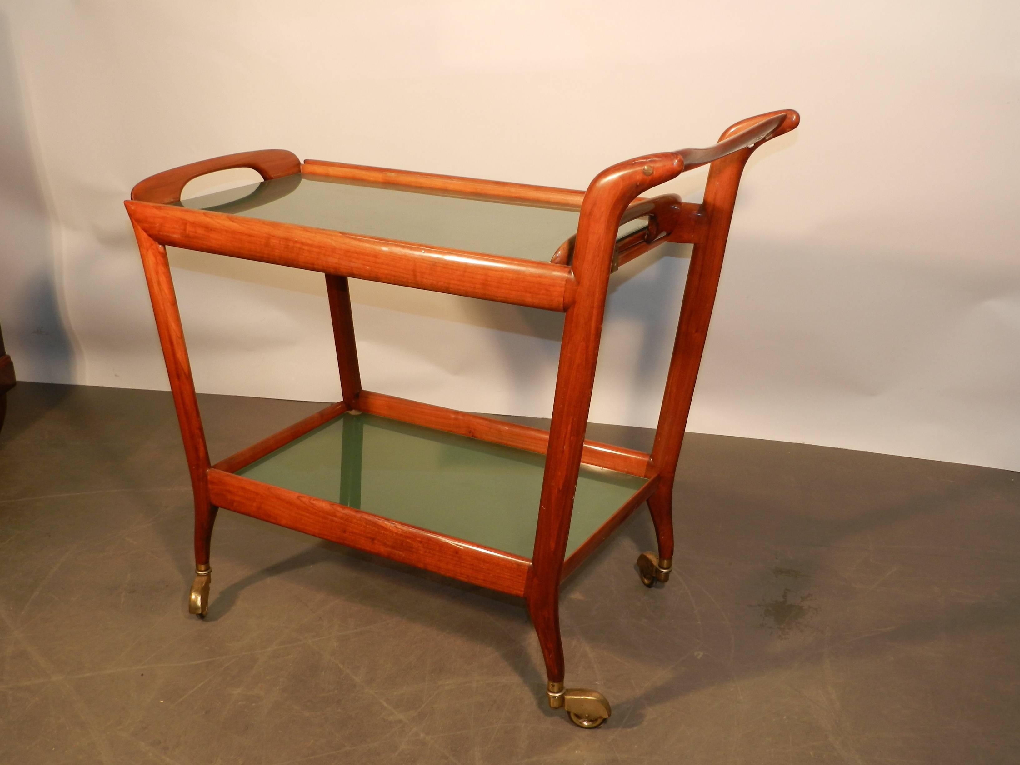 Italian Attributed to Ico Parisi, Wood and Blue-Toned Glass Trolley, Italy, 1950 For Sale