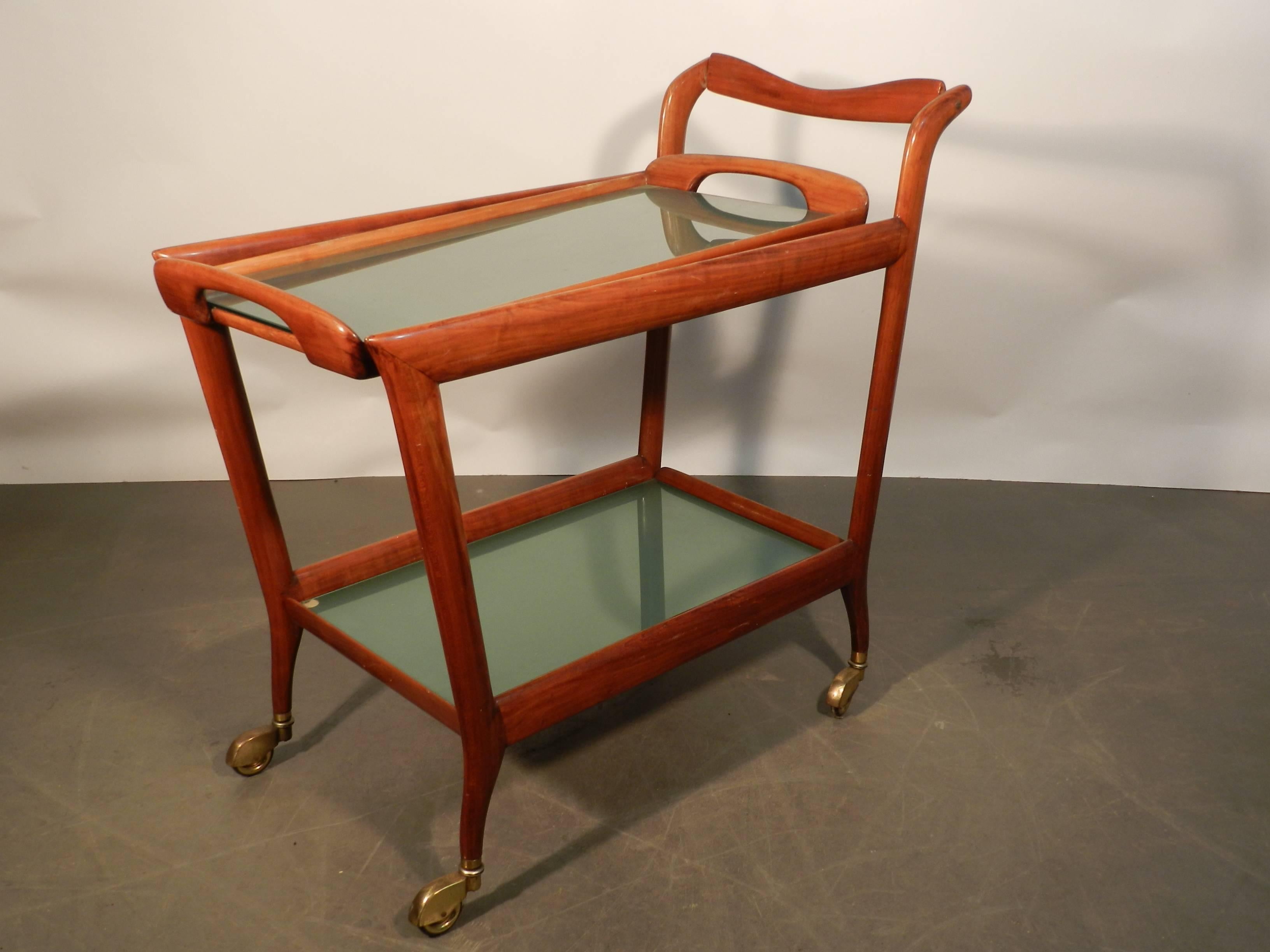 Attributed to Ico Parisi, Wood and Blue-Toned Glass Trolley, Italy, 1950 In Good Condition For Sale In Saint-Ouen, FR