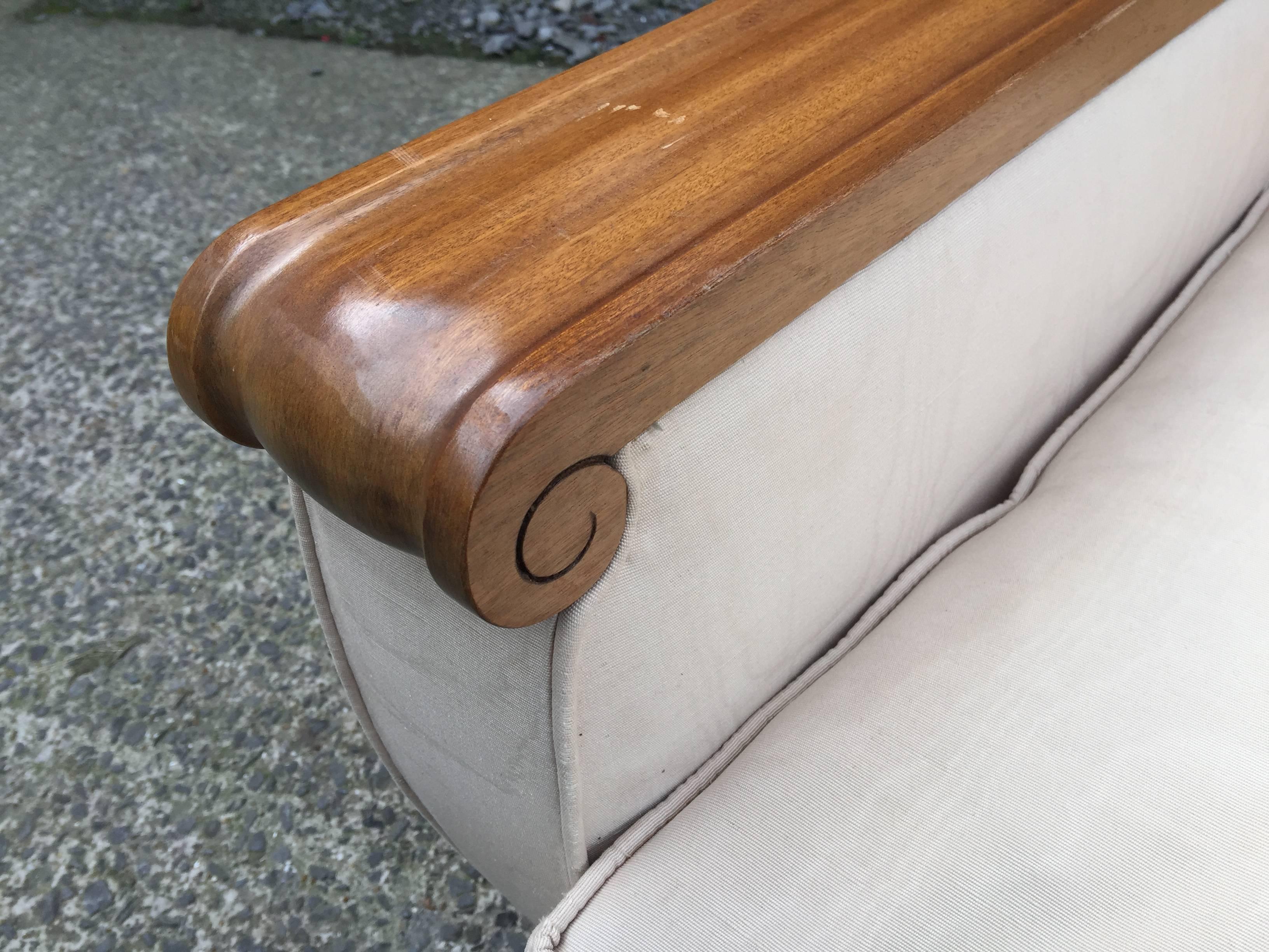 Gaston Poisson, pair of Art Deco blond mahogany armchairs.
Need to be reupholstered.
One three seats bench is also available.

Also four ohers armchairs on the same model but in deep mahogany.
  