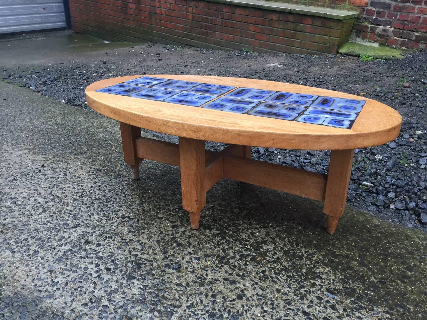 French Guillerme et Chambron, Oak and Ceramic Coffee Table Edition Votre Maison, 1970