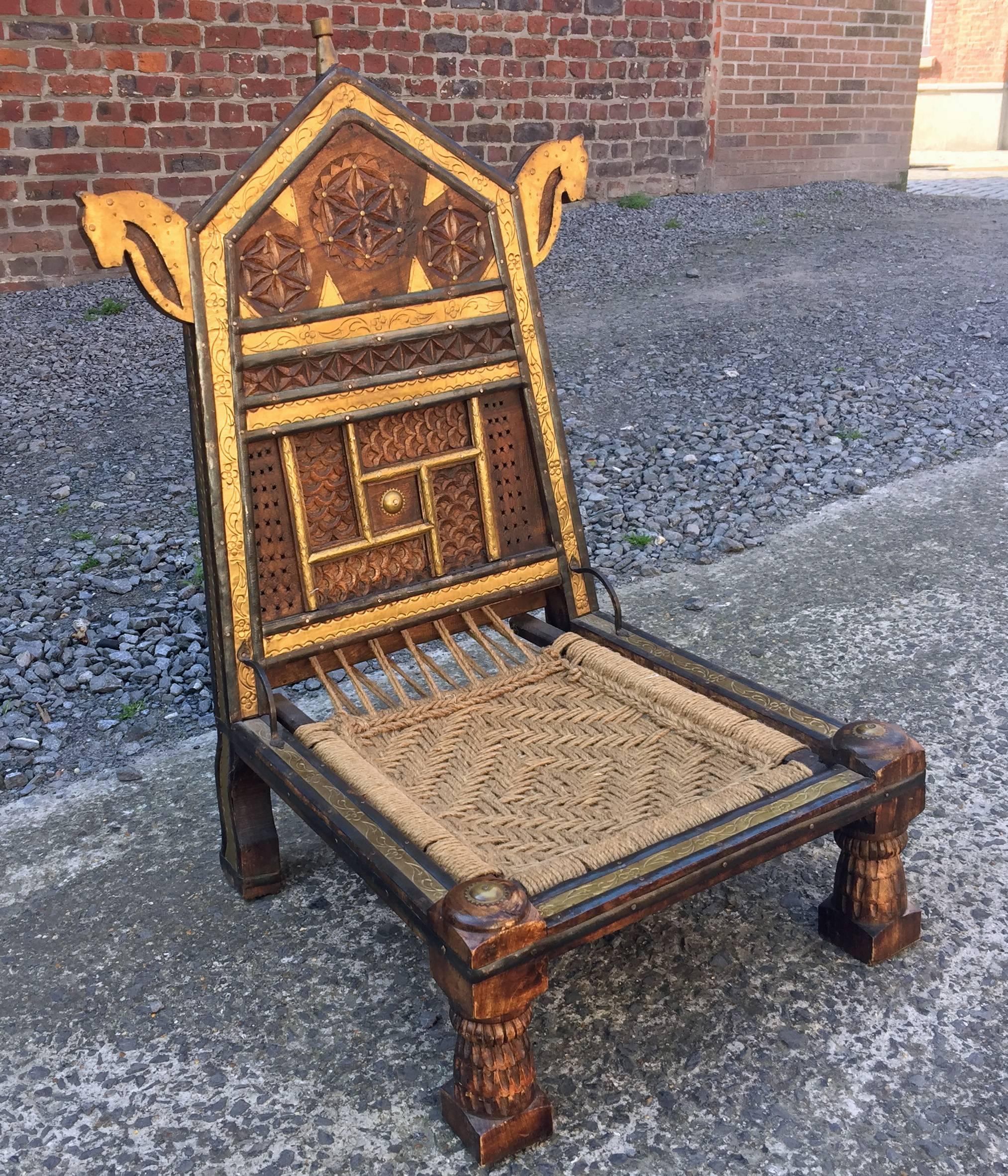 Mid-Century Modern Four Orientalist Chairs in Wood and Rope, circa 1950 For Sale