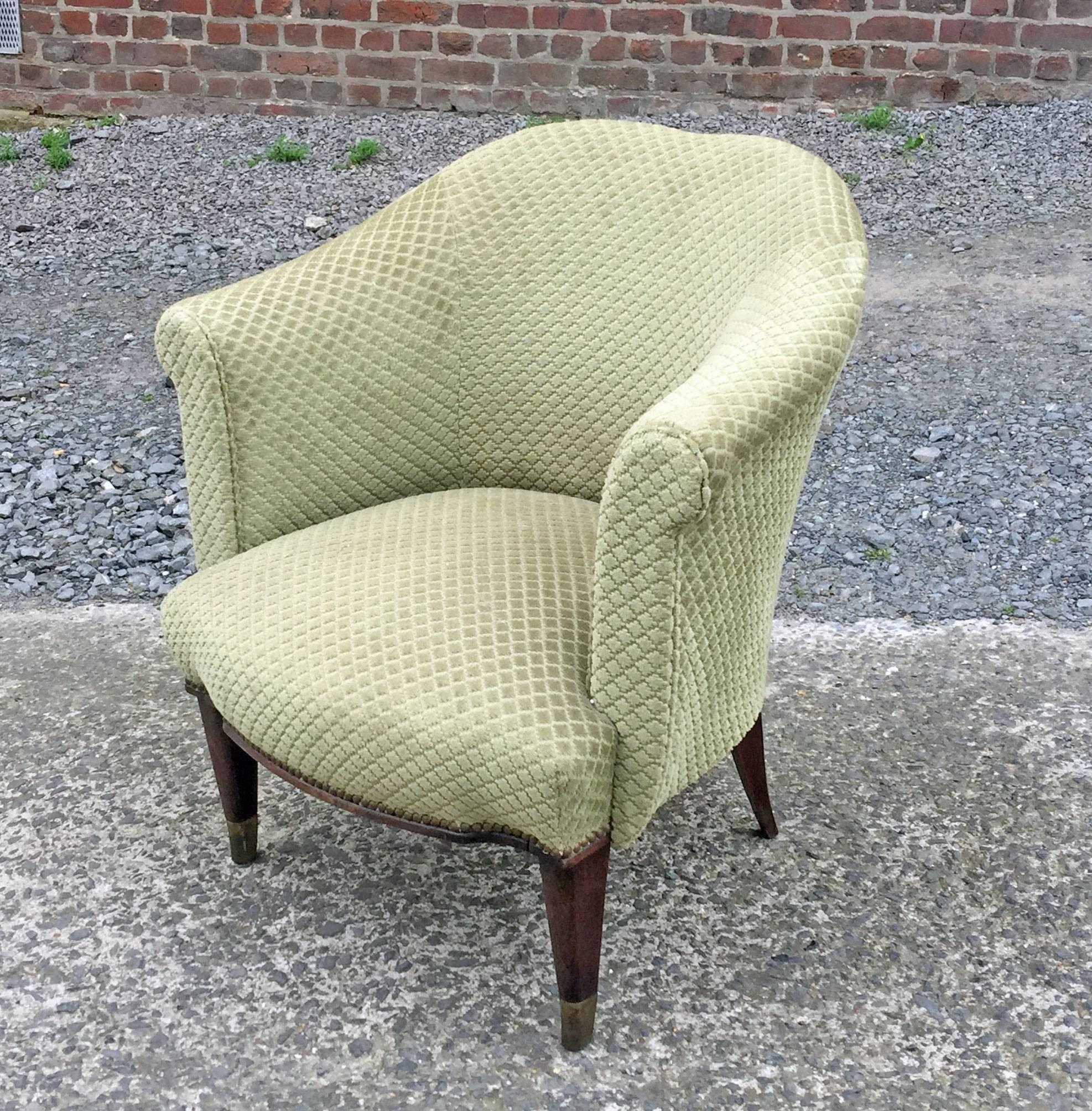 French Pair of Art Deco Armchairs in Beech and Velvet, circa 1940 For Sale