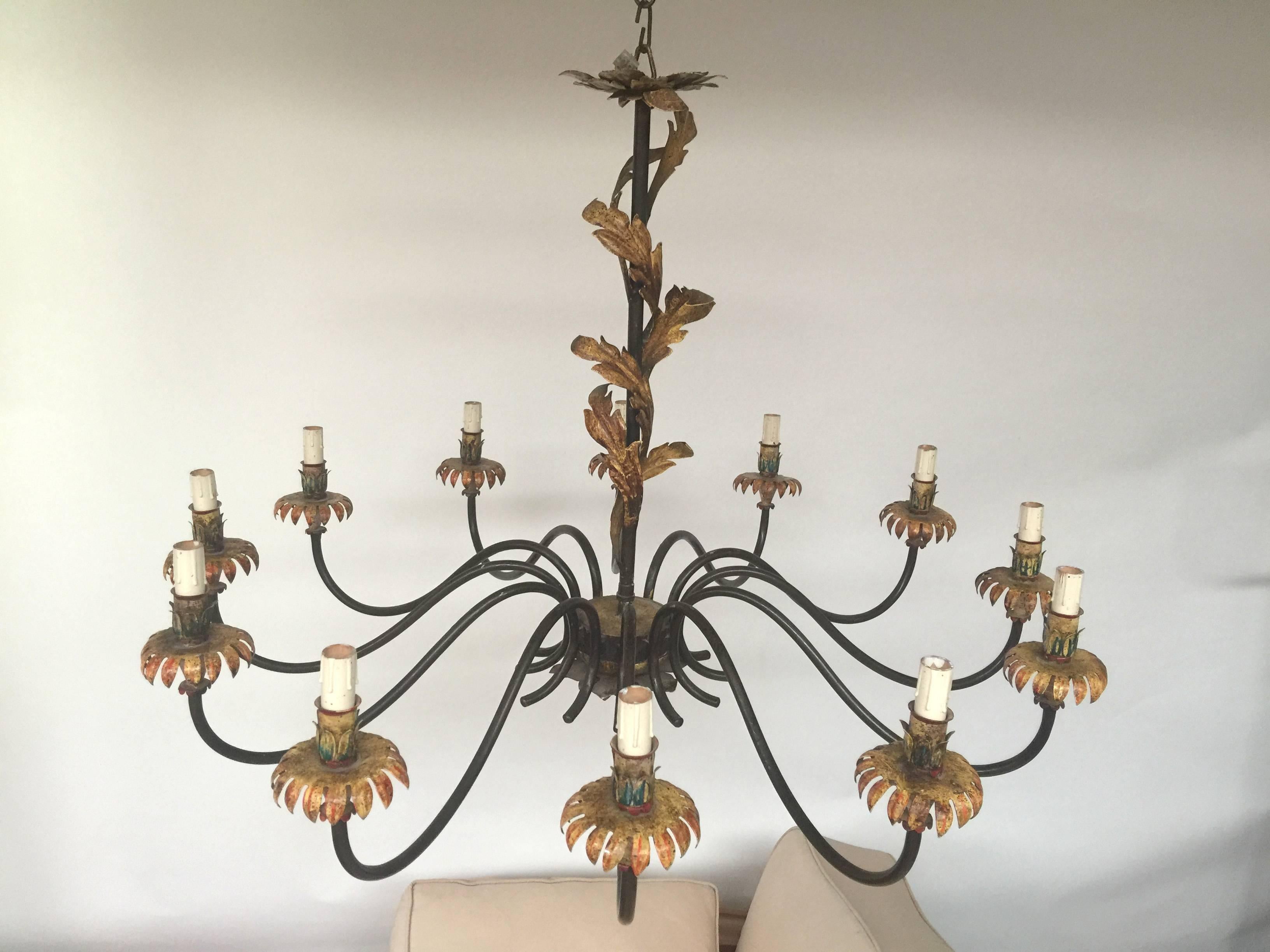 Neoclassical Revival Twelve Lights Lacquered Wrought Iron Chandelier