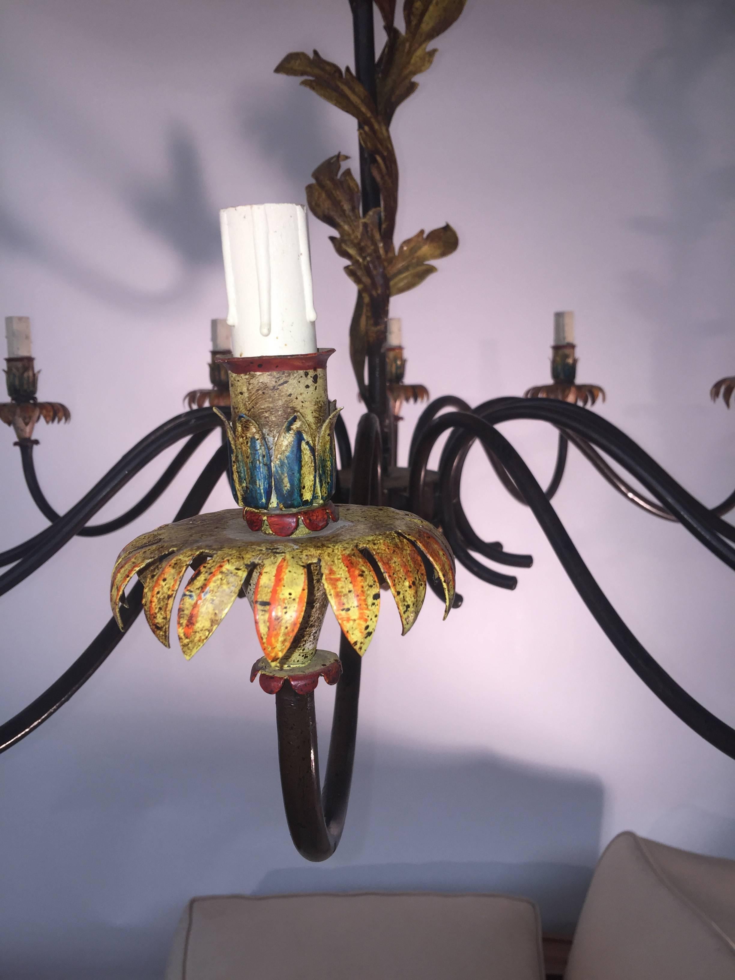 20th Century Twelve Lights Lacquered Wrought Iron Chandelier