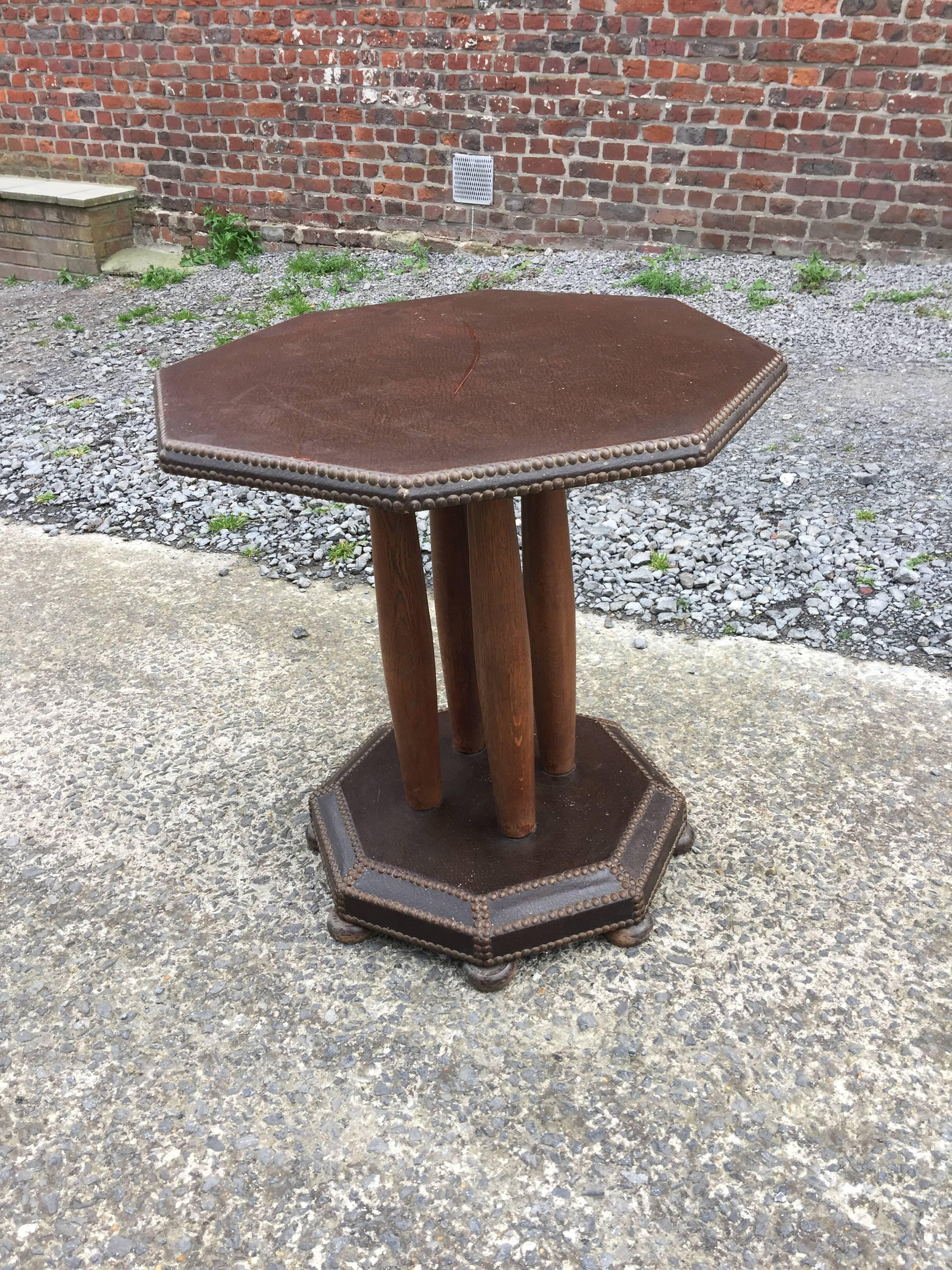 Mid-20th Century Art Deco Oak and Leather Gueridon, circa 1930 For Sale