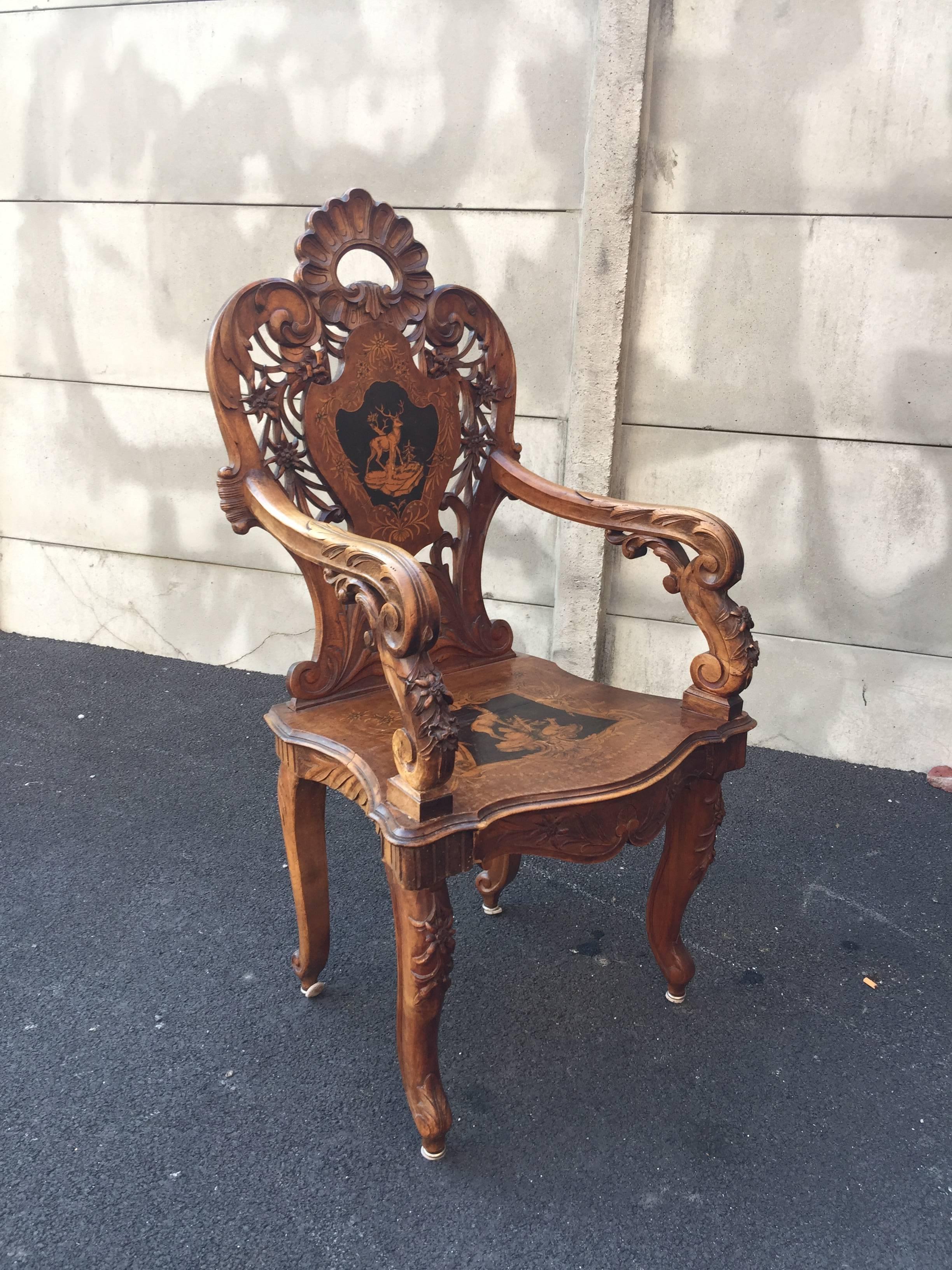 Mid-19th Century 19th Century, Black Forest Ceremonial Armchair in Walnut and Carved Wood For Sale