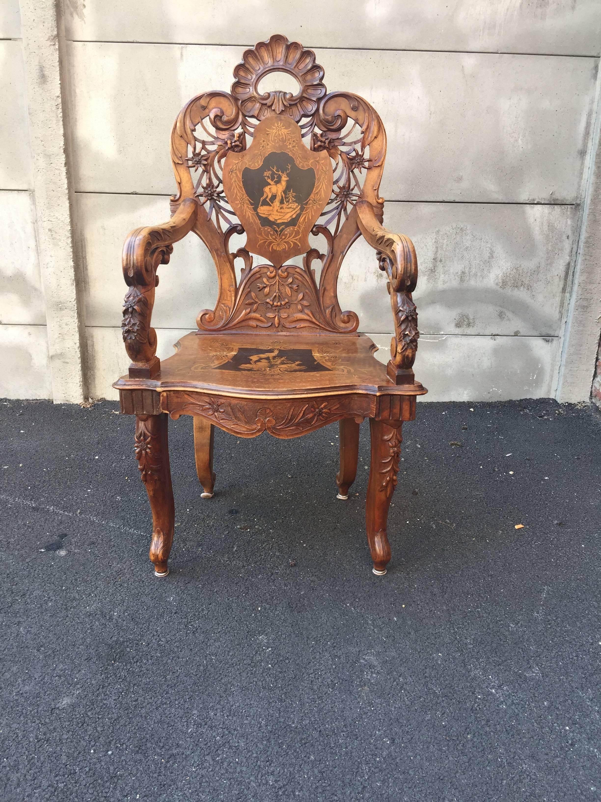 19th Century, Black Forest Ceremonial Armchair in Walnut and Carved Wood For Sale 1