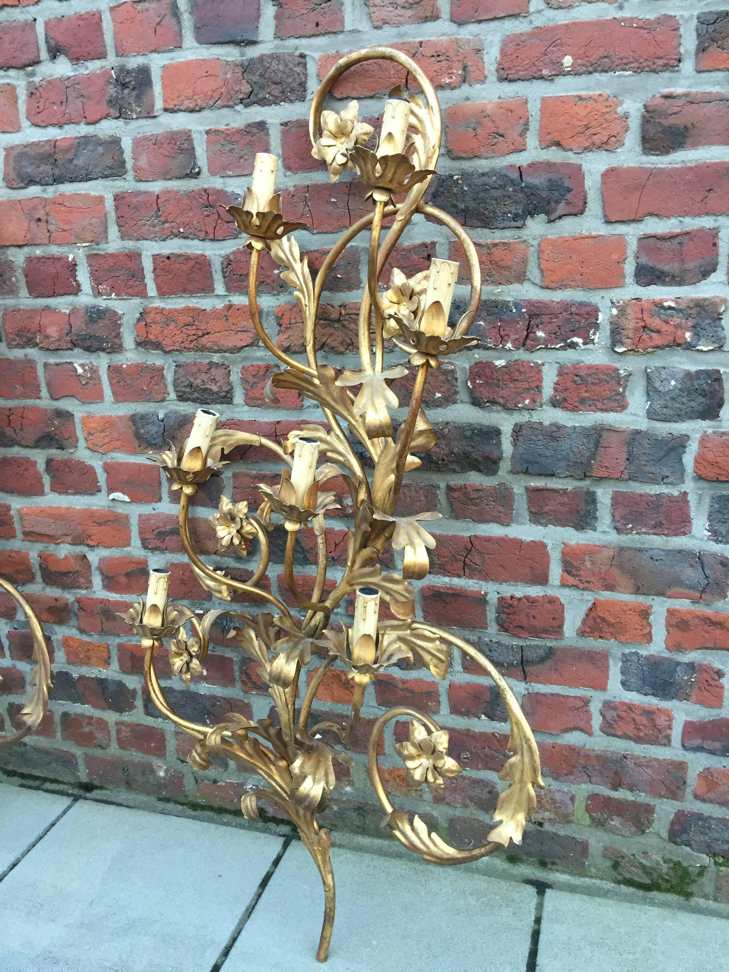 Pair of High Gilt Metal Sconces, circa 1970 In Excellent Condition For Sale In Saint-Ouen, FR