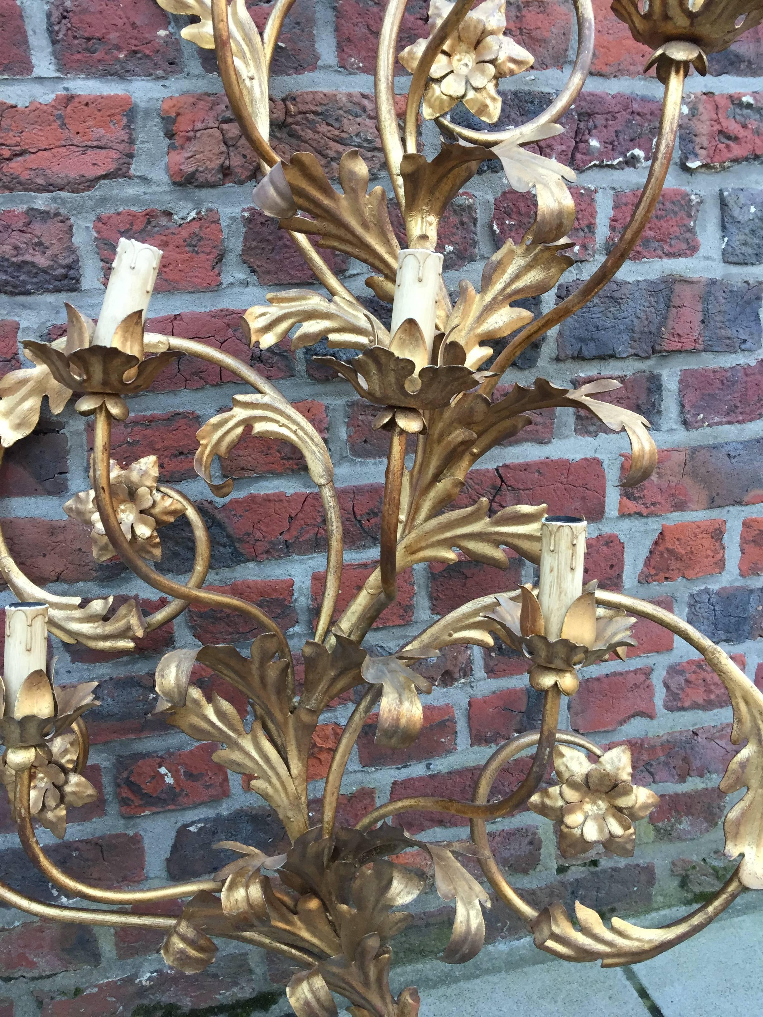 Late 20th Century Pair of High Gilt Metal Sconces, circa 1970 For Sale