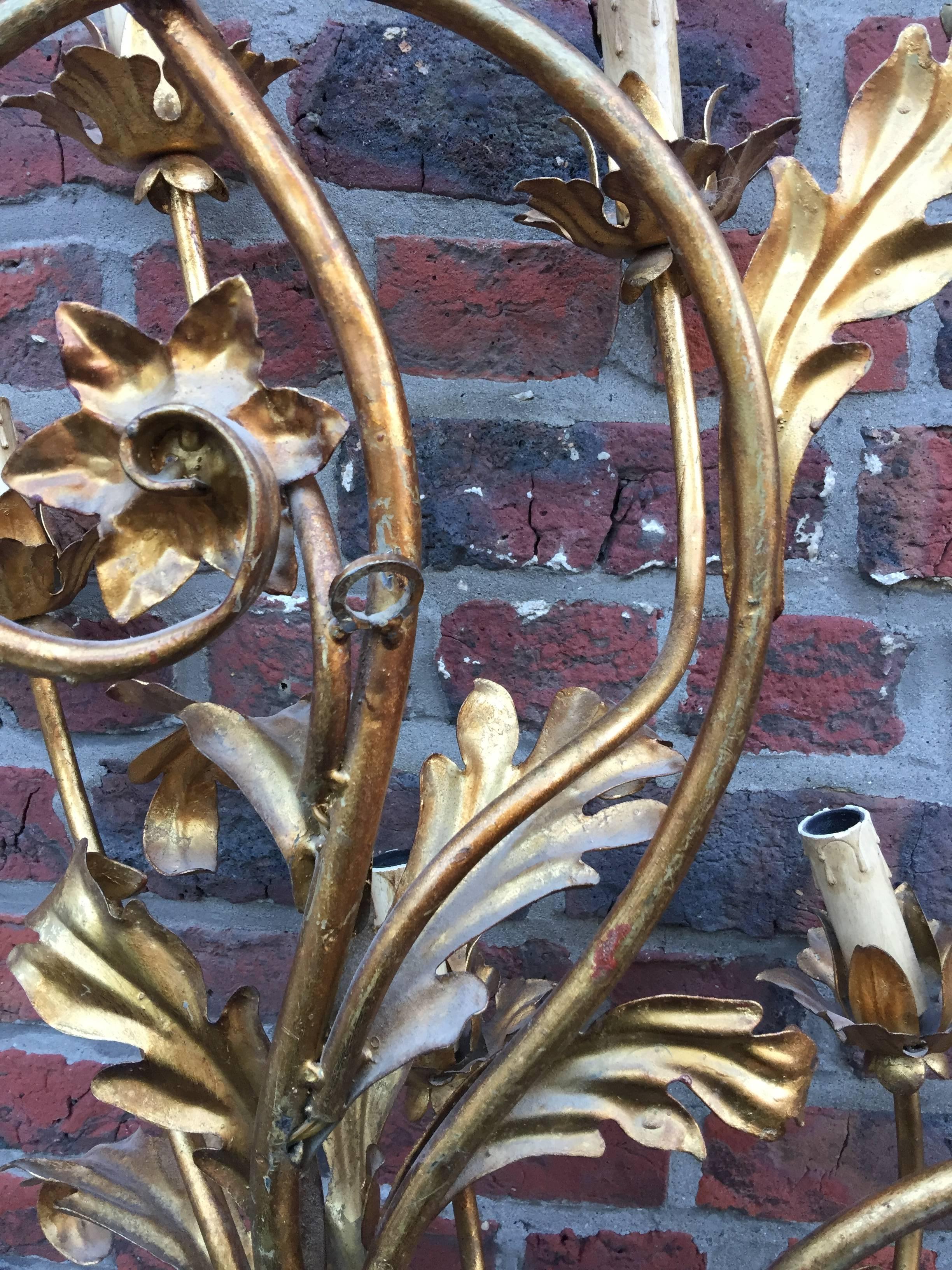 Pair of High Gilt Metal Sconces, circa 1970 For Sale 2