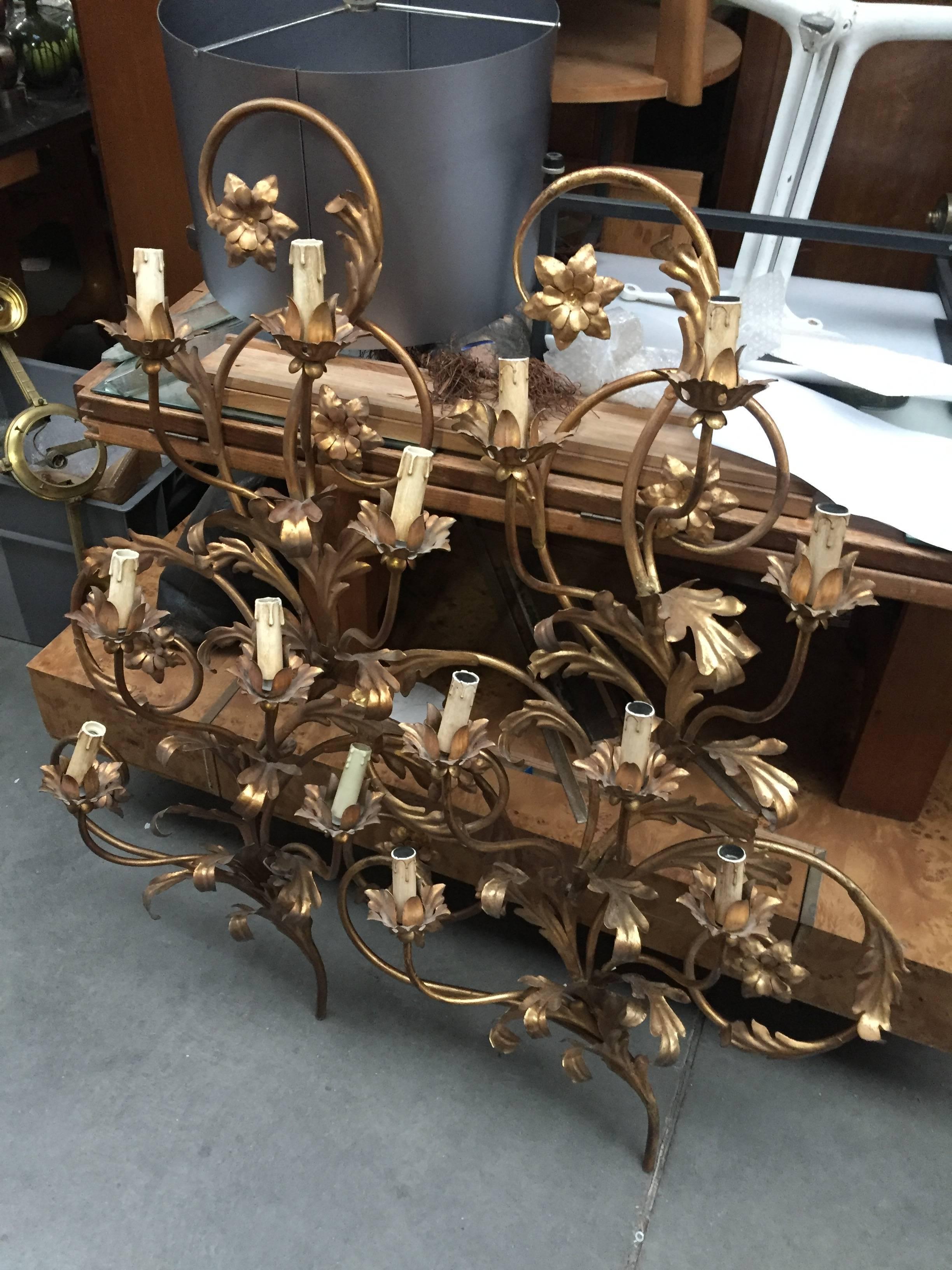 Pair of High Gilt Metal Sconces, circa 1970 For Sale 4