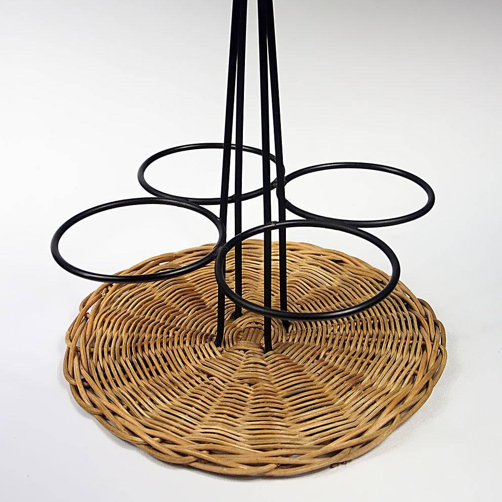 French Metal Bottle Holder in Rattan and Lacquered Metal, circa 1950-1960 For Sale