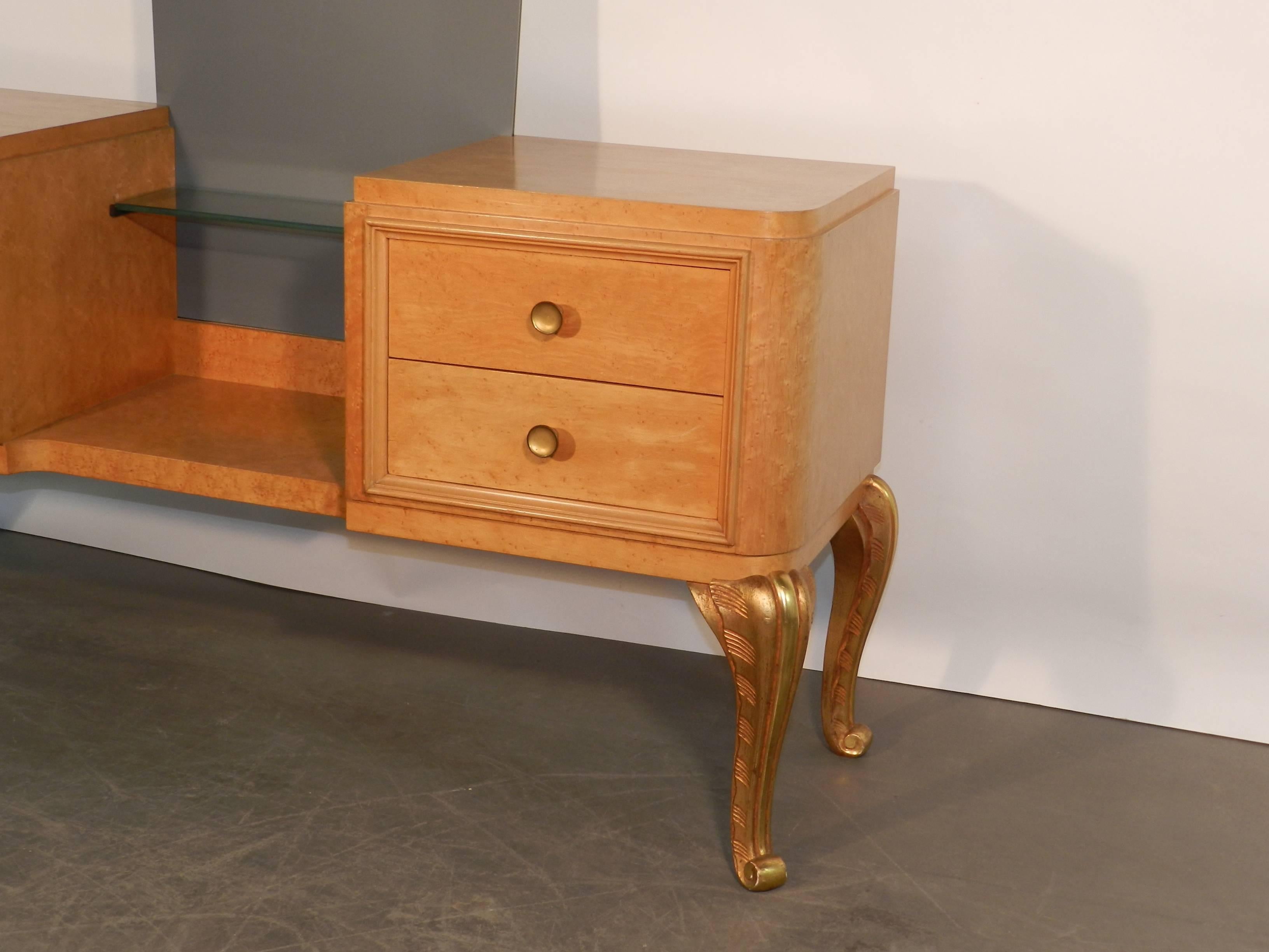 French Maison Jansen, Art Deco Dressing Table in Lemon Tree and Gilt Metal For Sale