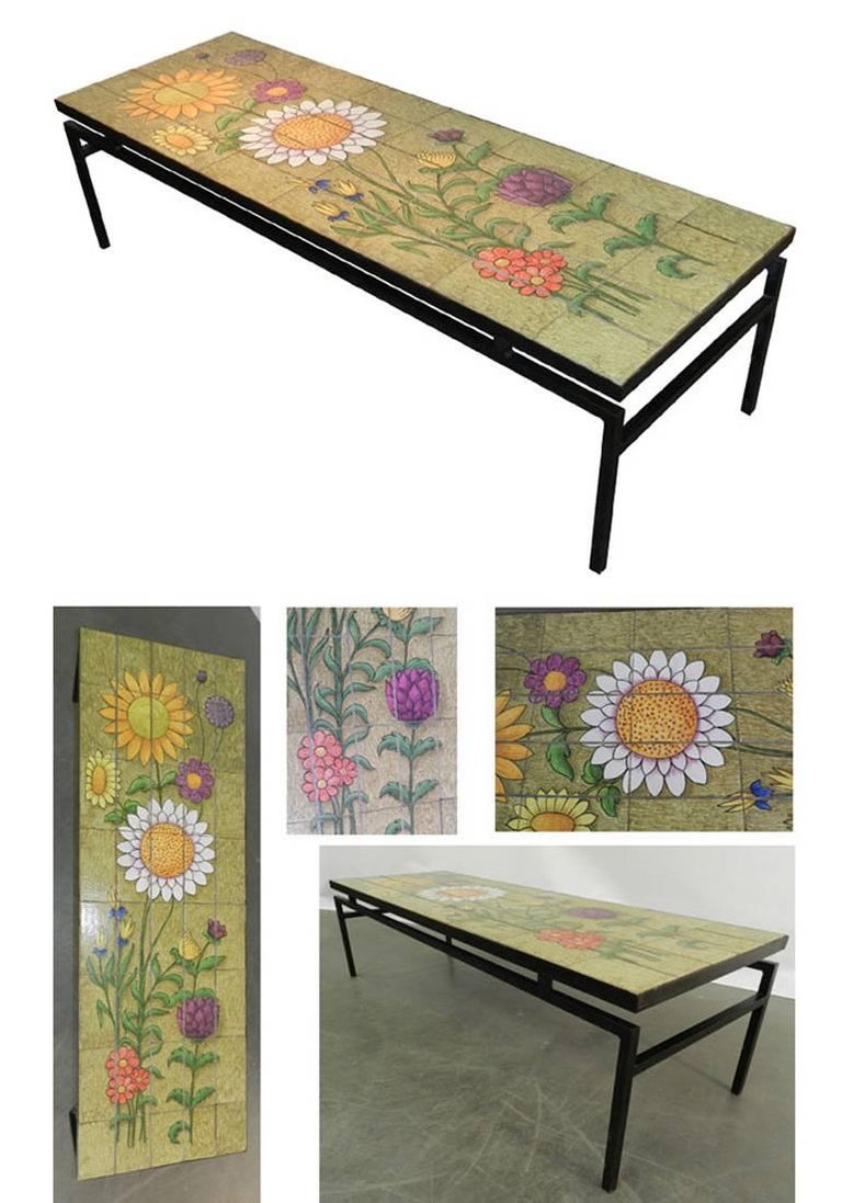 Large coffee table in lava and metal, circa 1960-1970
Enameled lava tiles with flowers design.
          