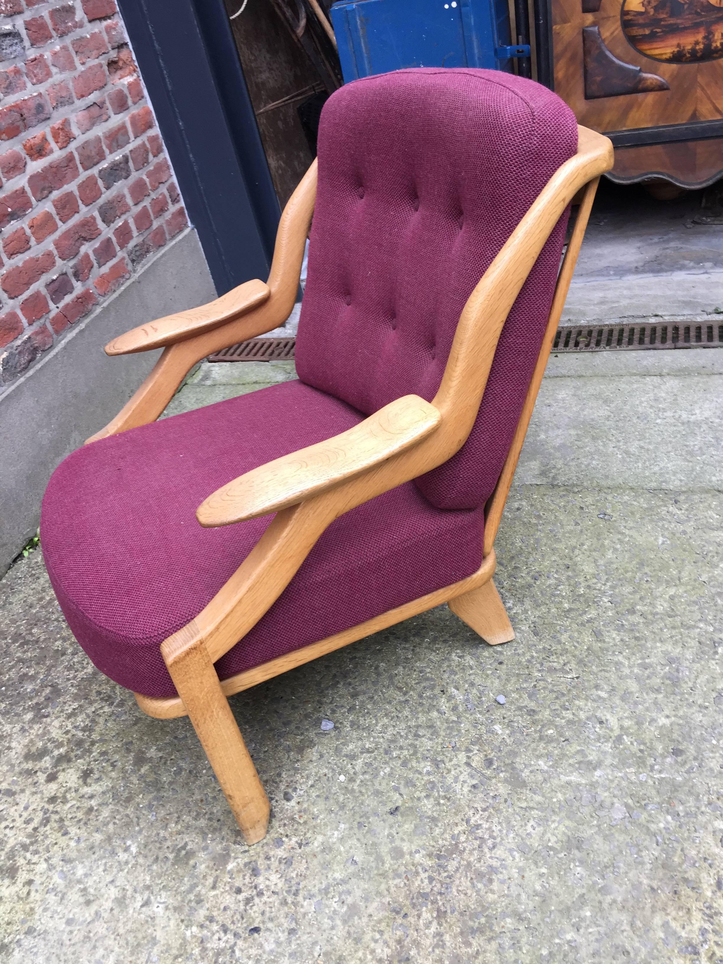 Wool Guillerme & Chambron Oak Easy Chair, with Original Fabric For Sale