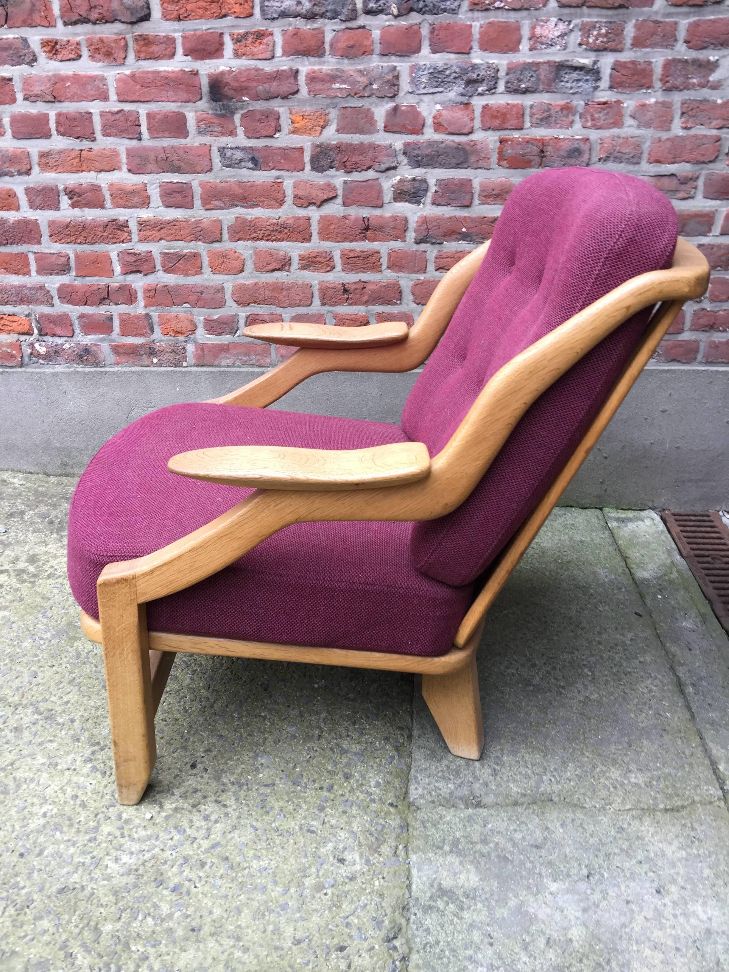 French Guillerme & Chambron Oak Easy Chair, with Original Fabric For Sale