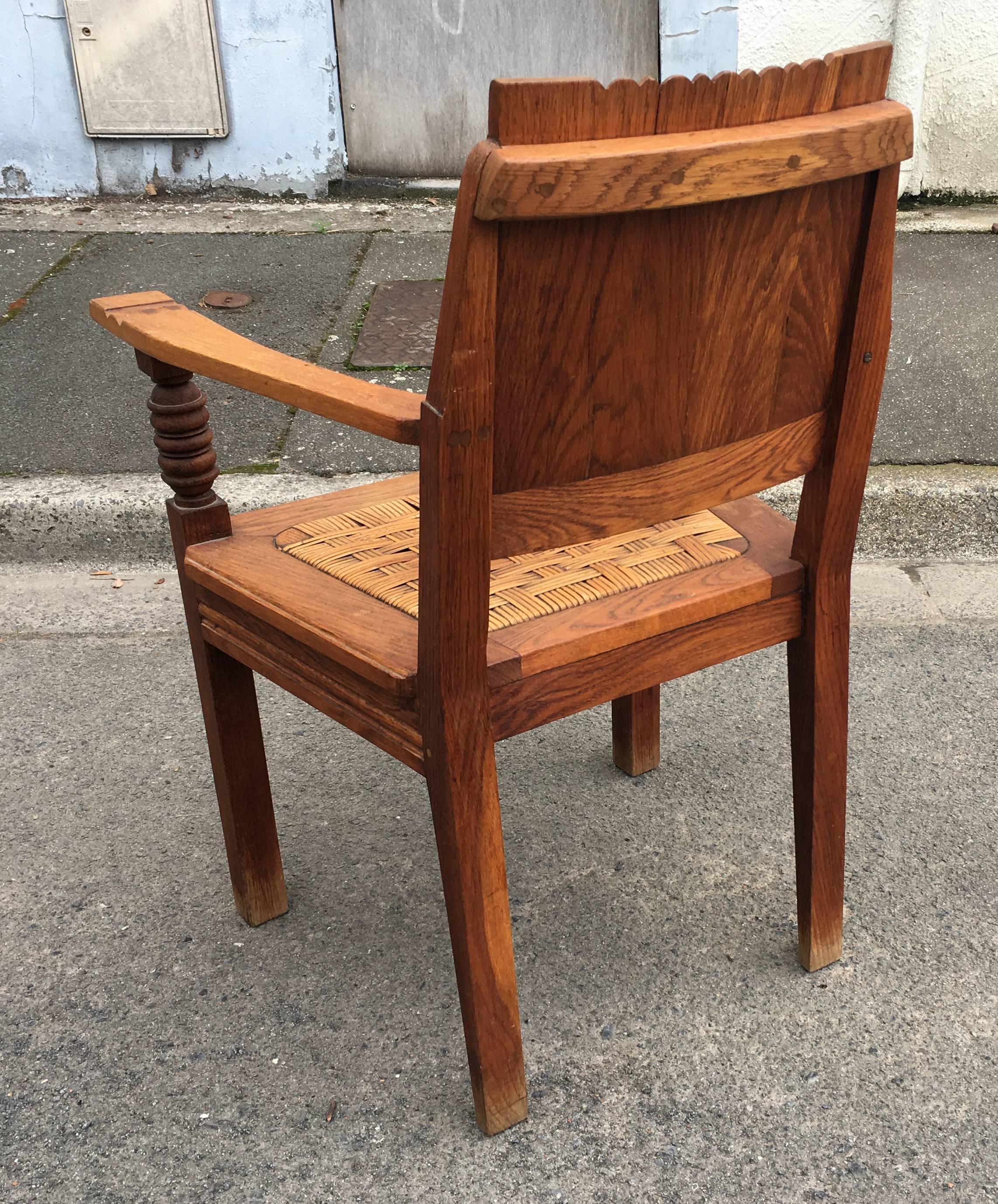 Mid-20th Century Charles Dudouyt, two Armchairs in Solid Oak and Wicker circa 1940 For Sale