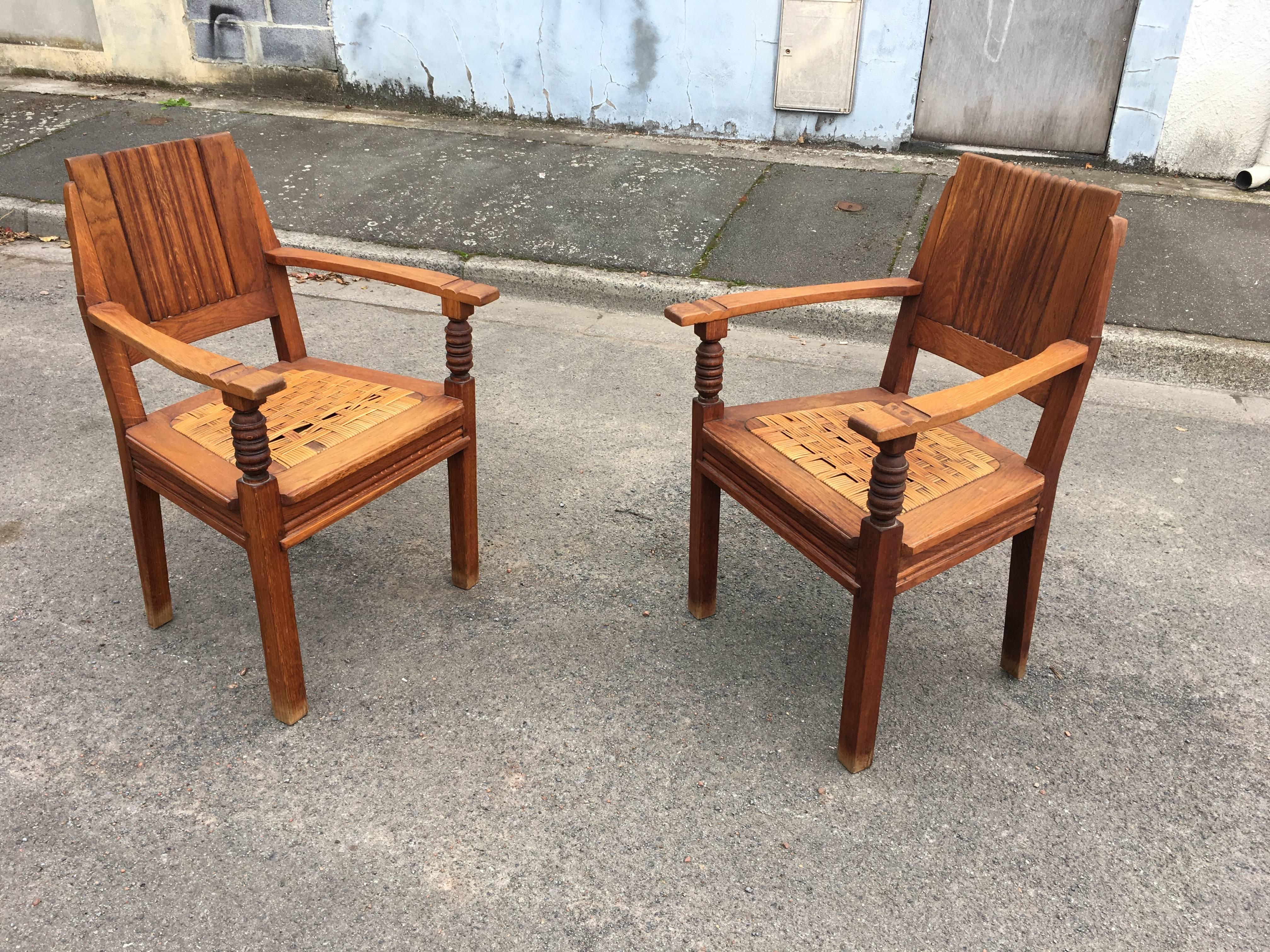 Charles Dudouyt, two Armchairs in Solid Oak and Wicker circa 1940 For Sale 3