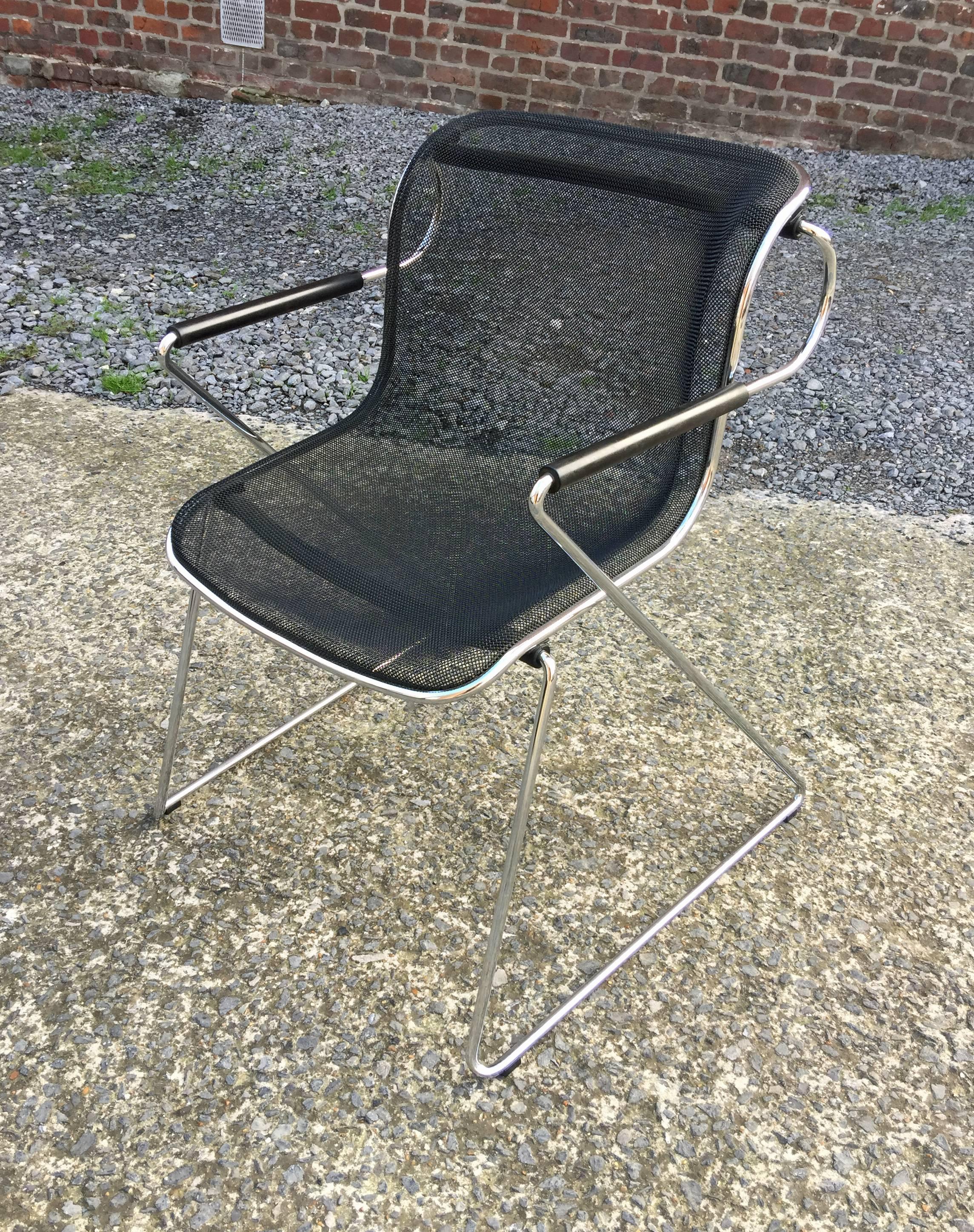 Charles Pollock, set of height chairs in chrome and meshed metal. Penelope model. Edition Castelli, 1982.