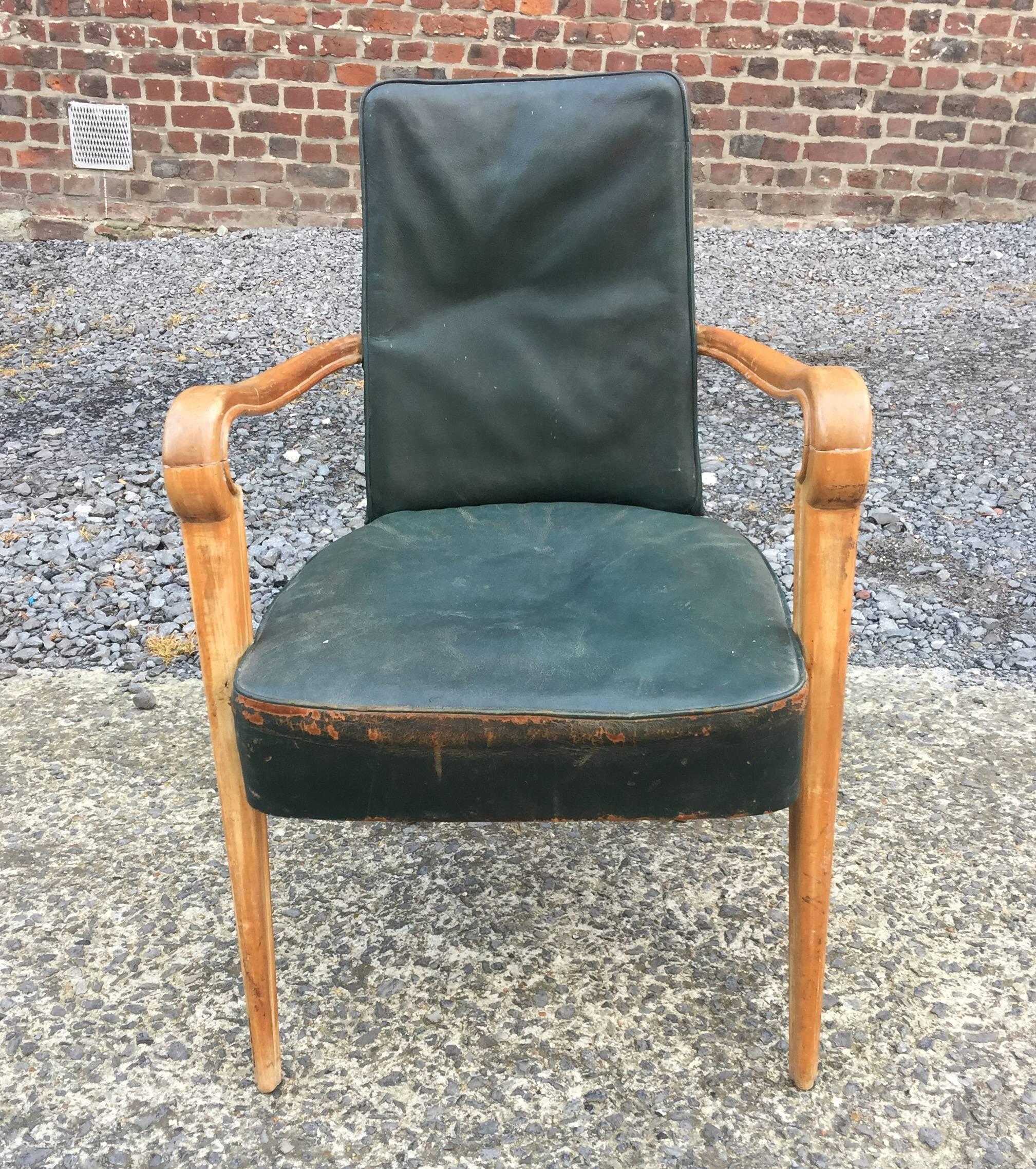 French Maxime Old Attributed Art Deco Beech and Leather Armchair, circa 1940 For Sale