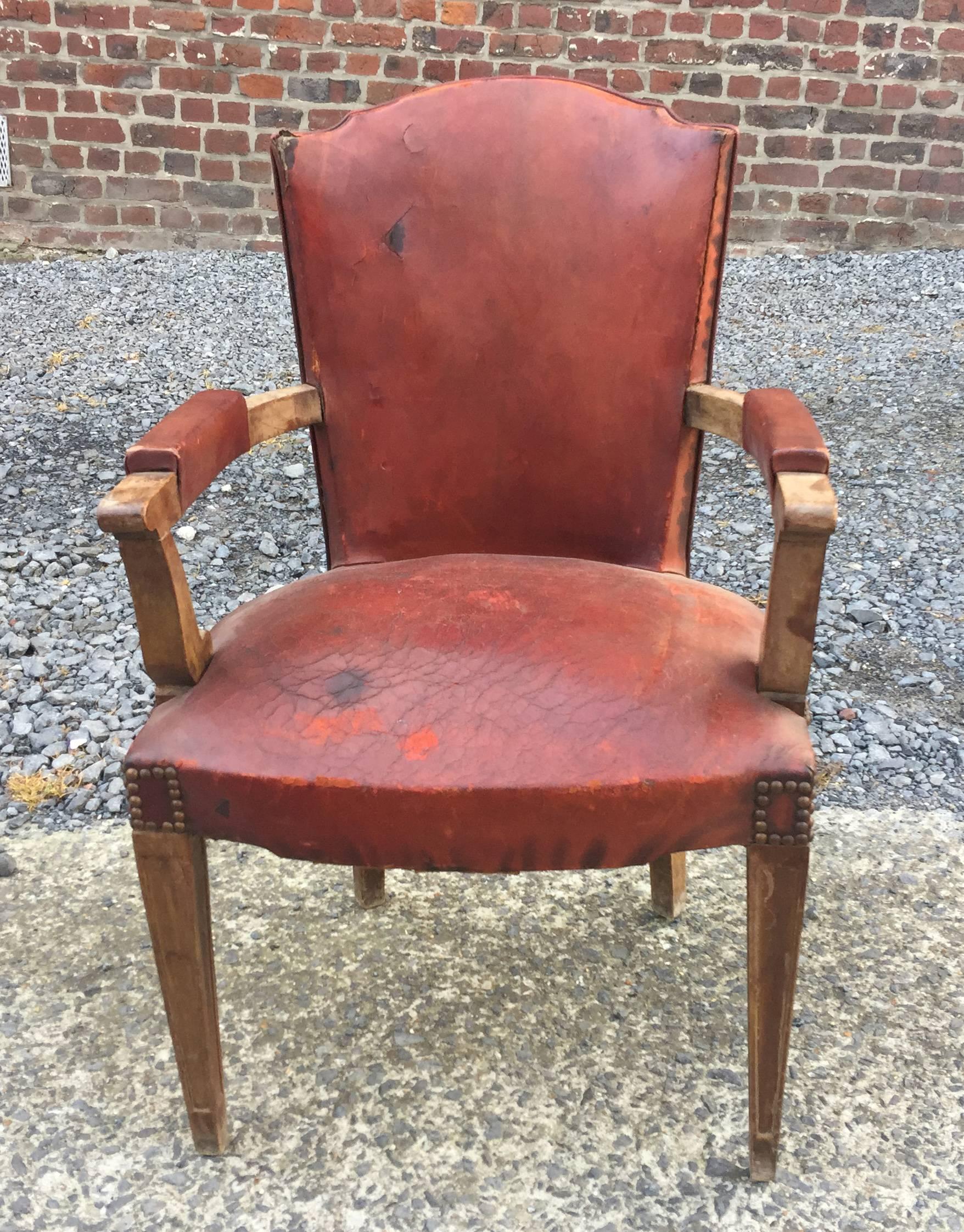 Mid-20th Century Art Deco Walnut and Leather Armchair, circa 1940, Attributed to Jules Leleu For Sale