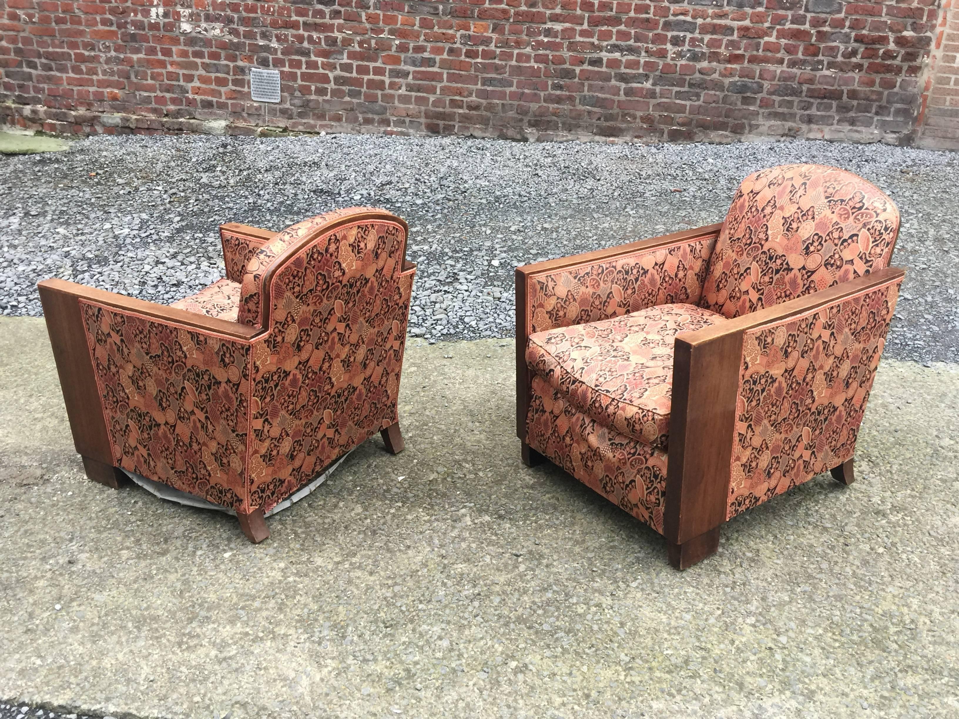 Paar Art-Déco-Sessel, Struktur aus Nussbaumholz (Art déco) im Angebot