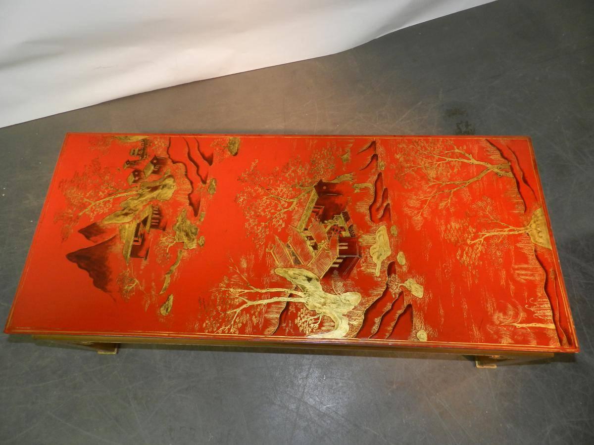 1960s French work, Chinese style coffee table in lacquered and giltwood. Labelling NF MEUBLE.