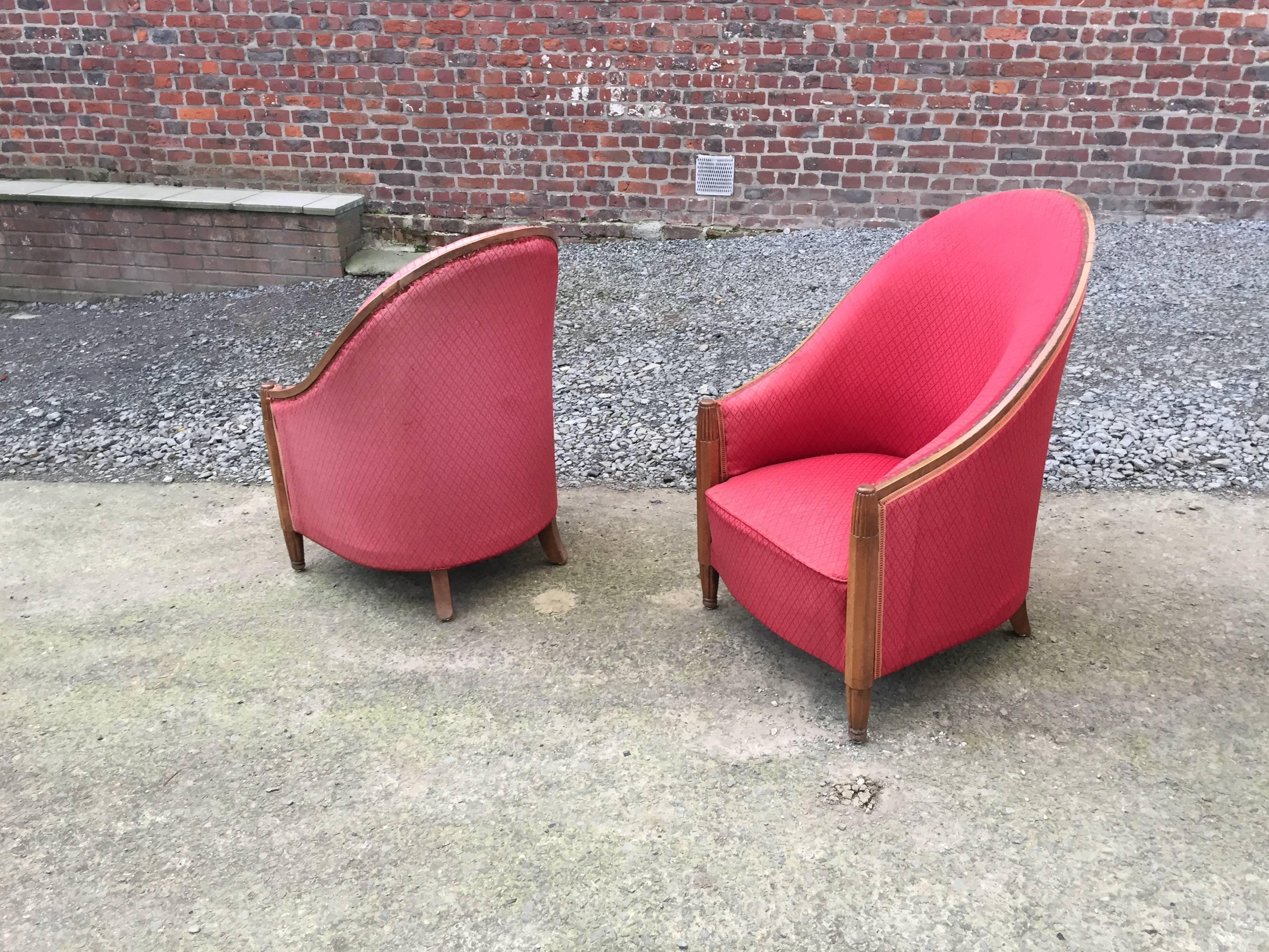 French Joubert et Petit 'DIM' Attributed Pair of Art Deco Mahogany Club Chairs For Sale
