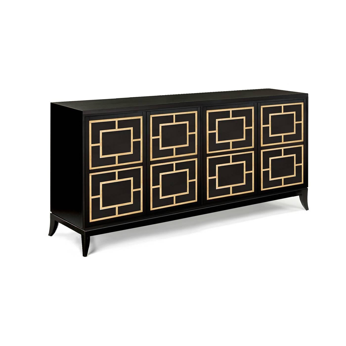 This four-door sideboard is beautifully handcrafted in Italy. The wooden doors are overlaid with a gold leaf lattice design that celebrates geometric forms. The cabinet is available in a matt mocha lacquered finish.