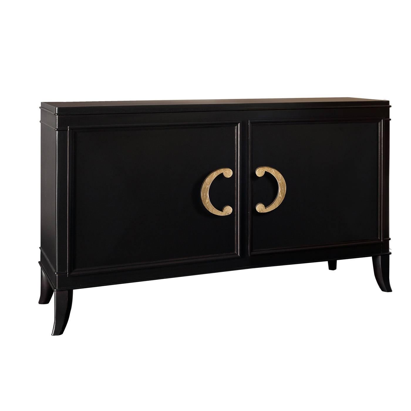 This two-door sideboard is the result of the finest Italian craftsmanship. Two elegant metal handles with the bright and intense effect of the hand-applied crinkled leaf, offer a subtly glamorous appeal. This piece, available in a dark mocha