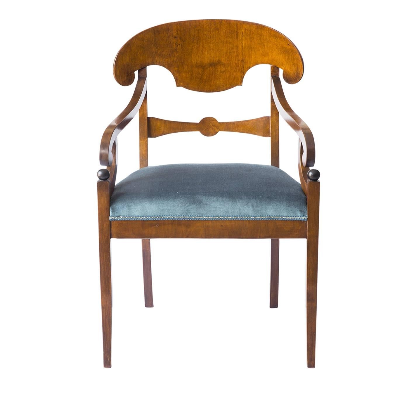 Refined Biedermeier style seats with cross sitting and fixed spring upholstery, featuring handmade polished shellac, delicately crafted in maple wood with a walnut wood veneering. Perfect for dignified interiors and antique lovers, these arm chairs