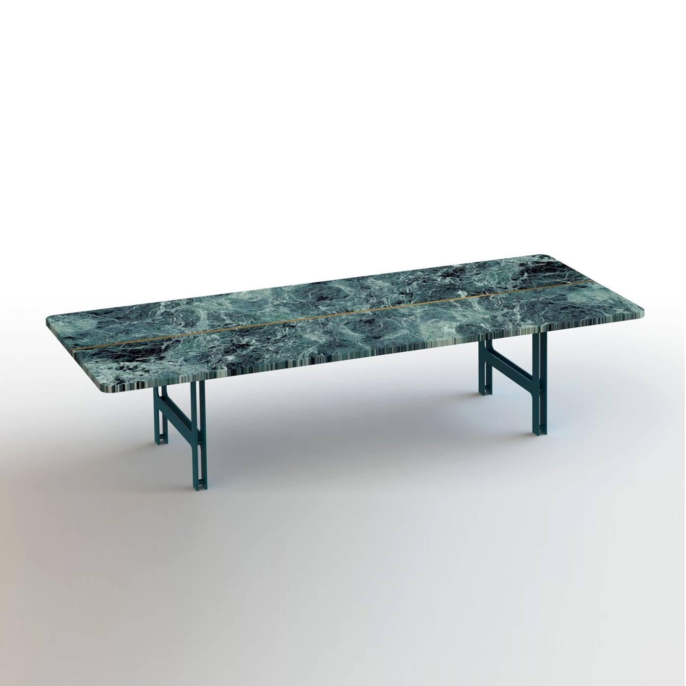 This elegant coffee table is comprised of a very light base made of thin pieces of metal cut by laser and joined by spacers, supporting a magnificent top made up of two slabs of Borgogna marble sourced from the Italian Alps that are cut along one