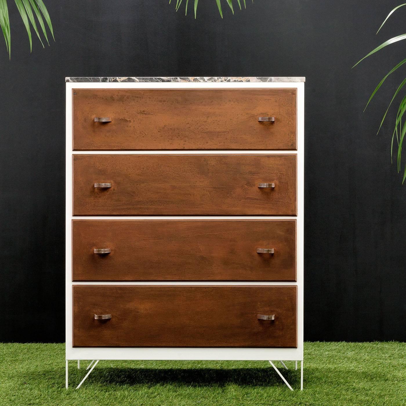 This piece is a contemporary reinterpretation of a grandmother's dresser. The marble top and retro flavor create an antique elegant allure. The steel finish or the structure strikingly contrast with the surface of the marble and the texture of the