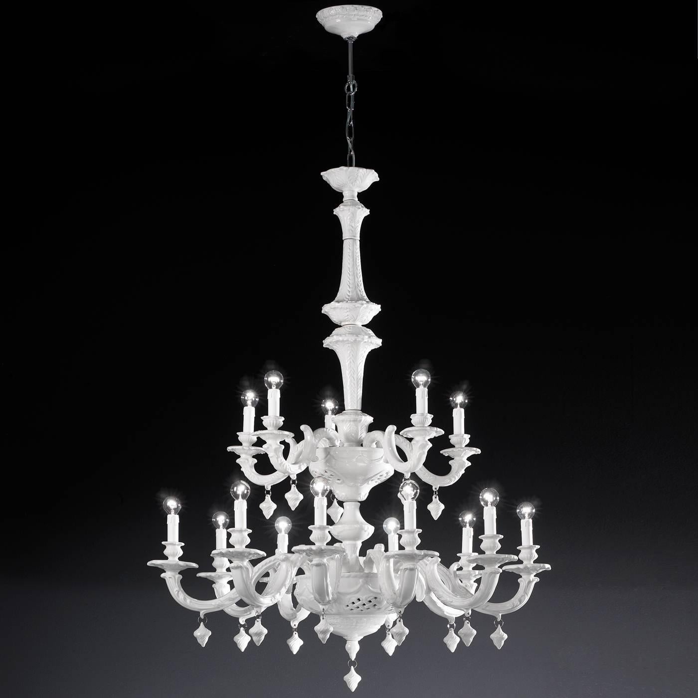 The best seller of the collection, this piece was chosen by famous architect Renzo Piano for his home. This magnificent fifteen-light chandelier creates a luxurious environment anywhere it is placed. This exquisite two level piece features ten
