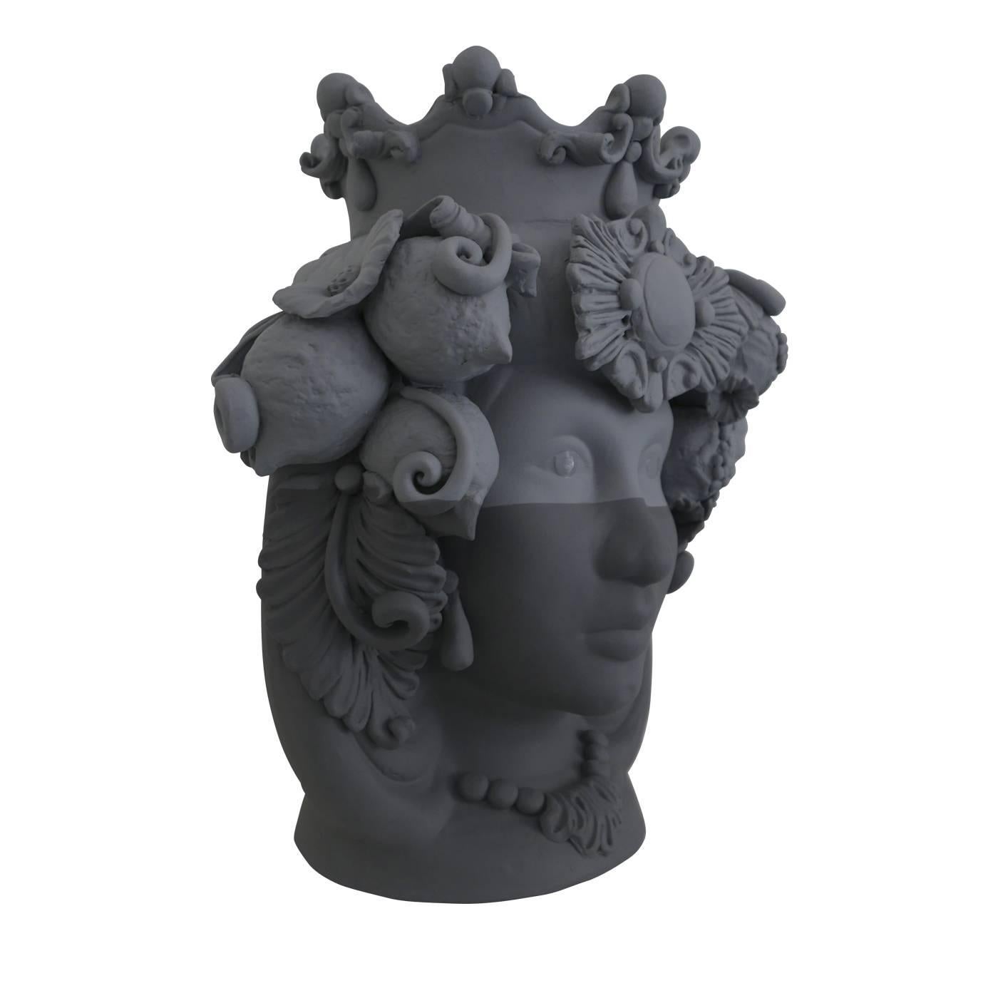 This anthropomorphic vase is made entirely by hand and painted in bi-color dark gray and light grey matte hues, rich in natural pigments and resin binders that provide intense color depth. Only the eyes are glazed so they stand out, emphasizing the