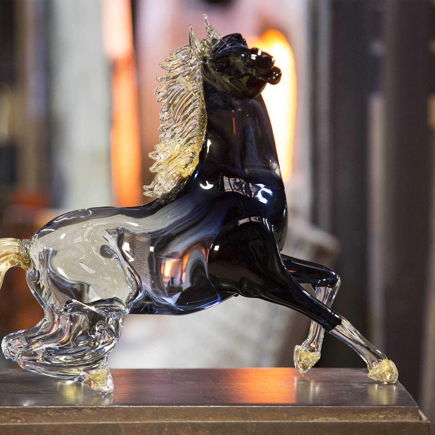 Contemporary Small Black Glass Sitting Horse