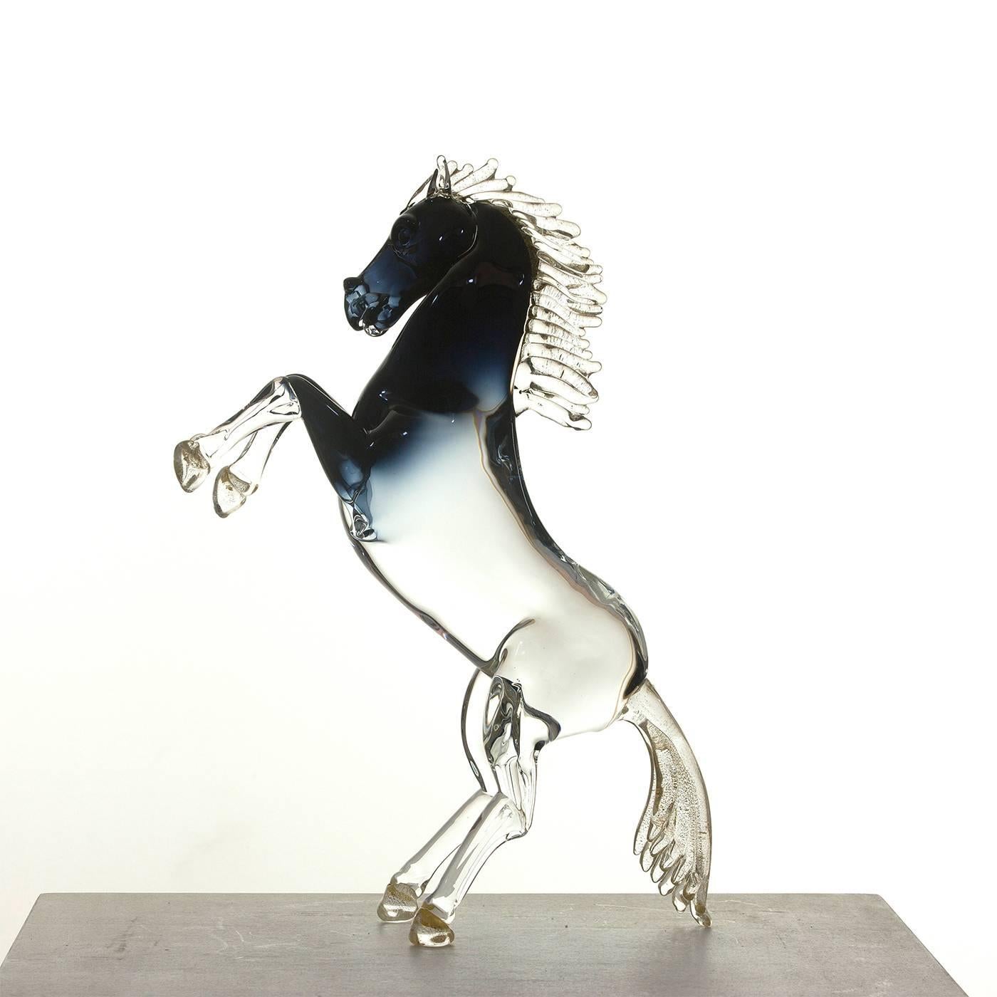 Contemporary Large Black Glass Rearing Horse