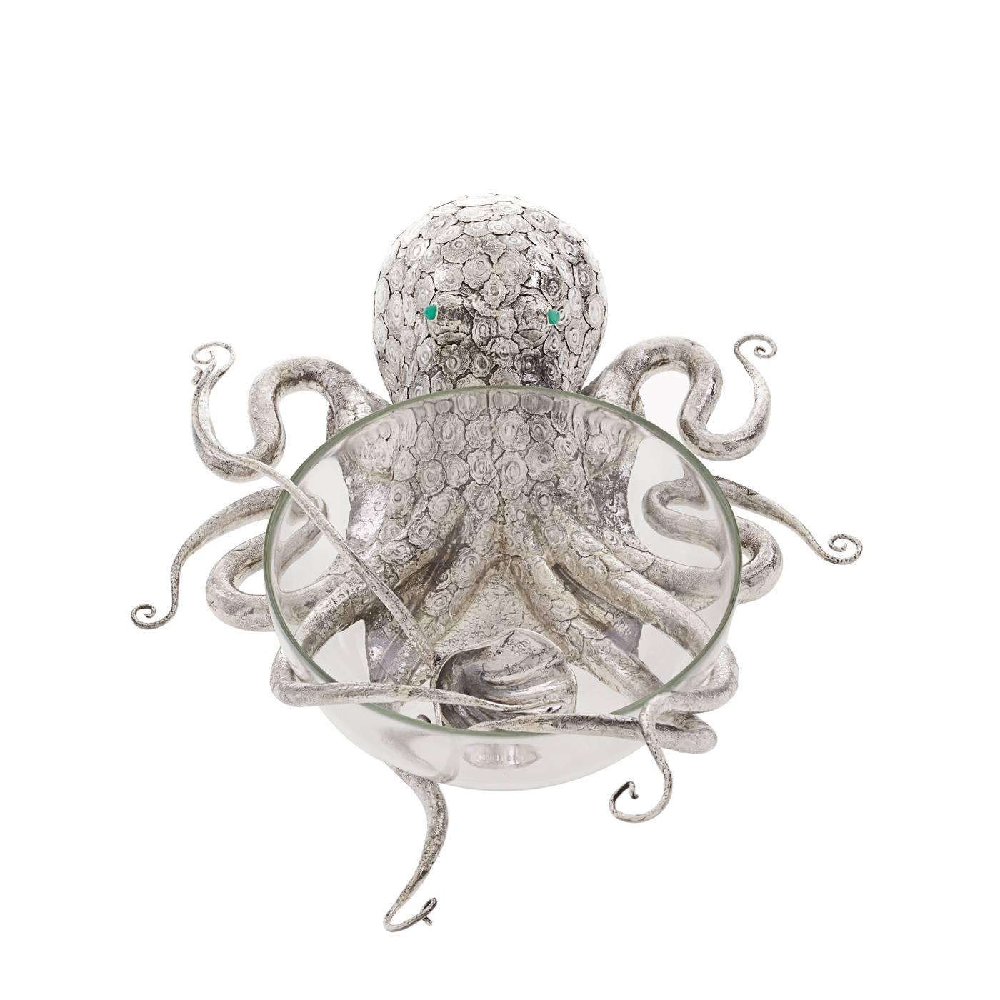 Italiano Octopus Sterling Silver and Crystal Tureen in vendita